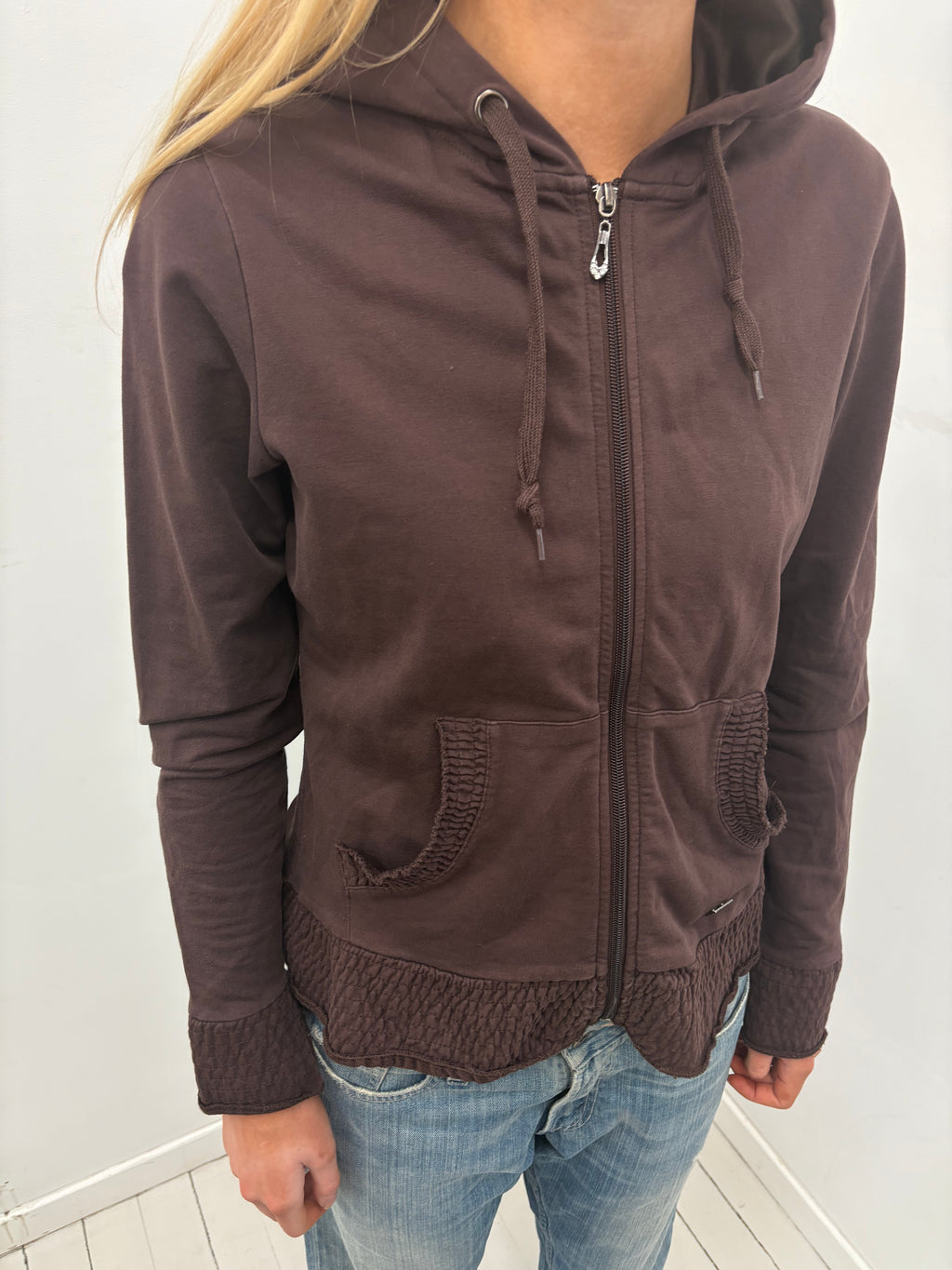 Y2K Brown Zip-Up Hoodie with Smocked Details