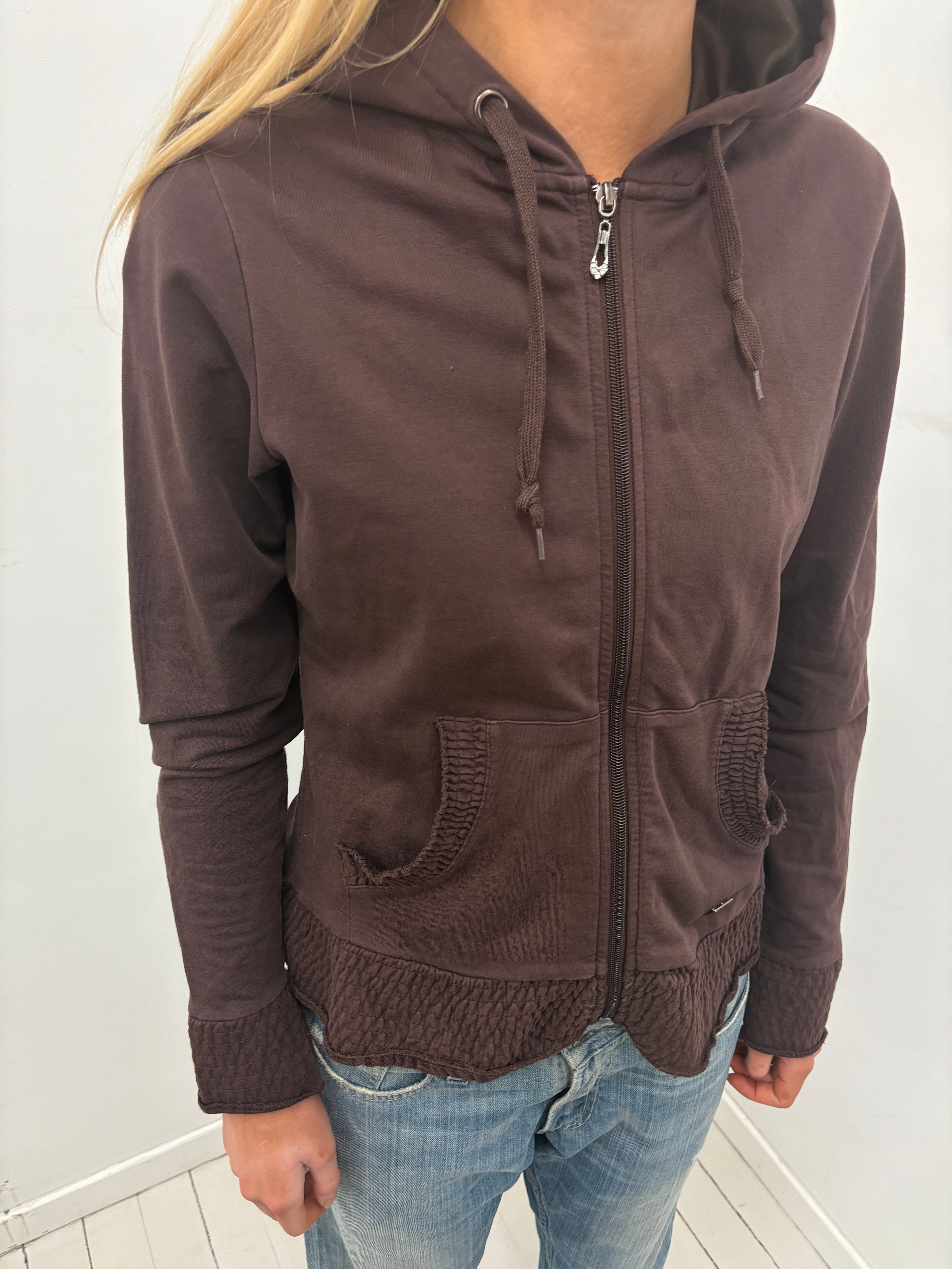 Y2K Brown Zip-Up Hoodie with Smocked Details