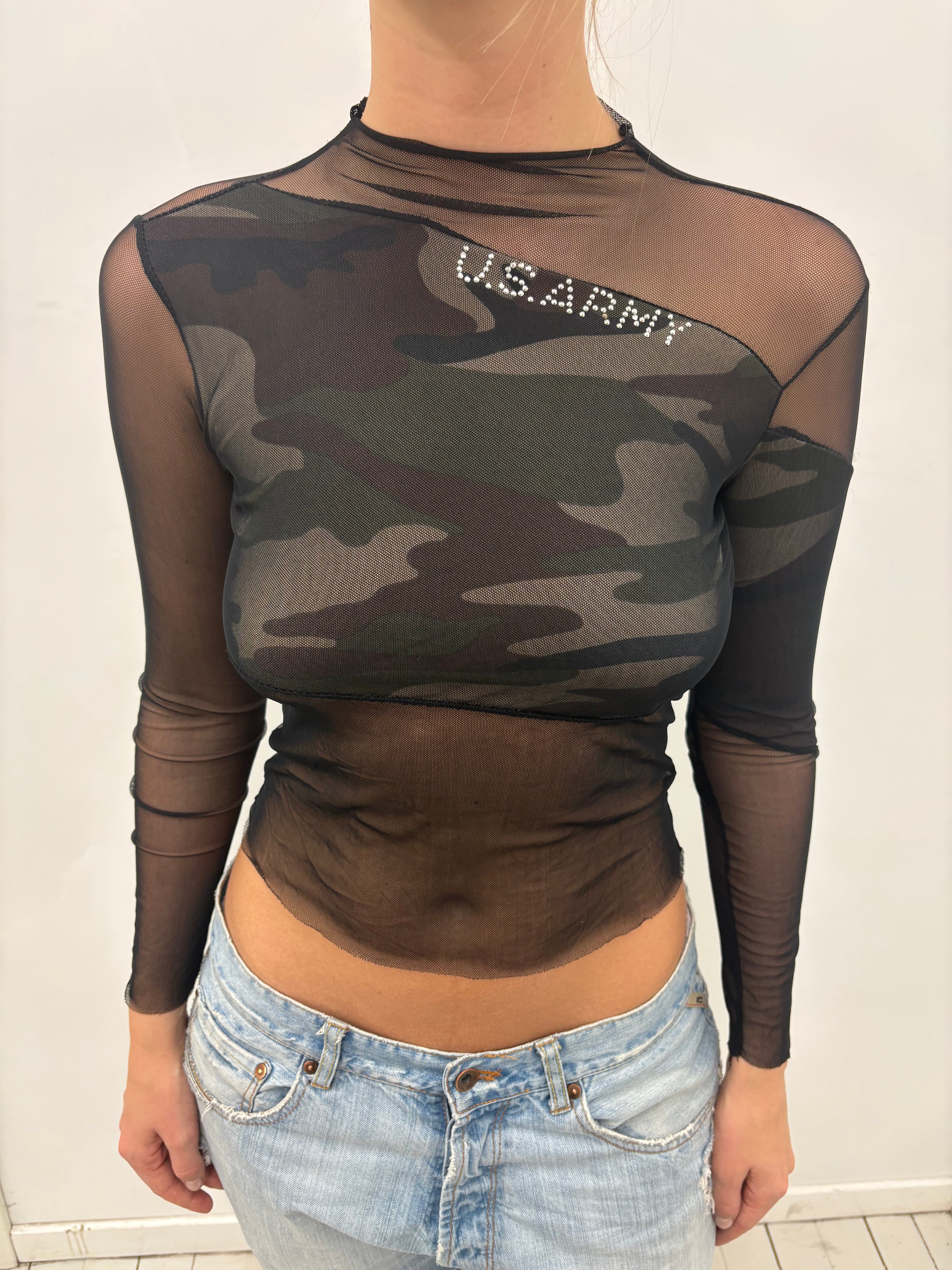 Y2K Sheer Camo Rhinestone Mesh Top