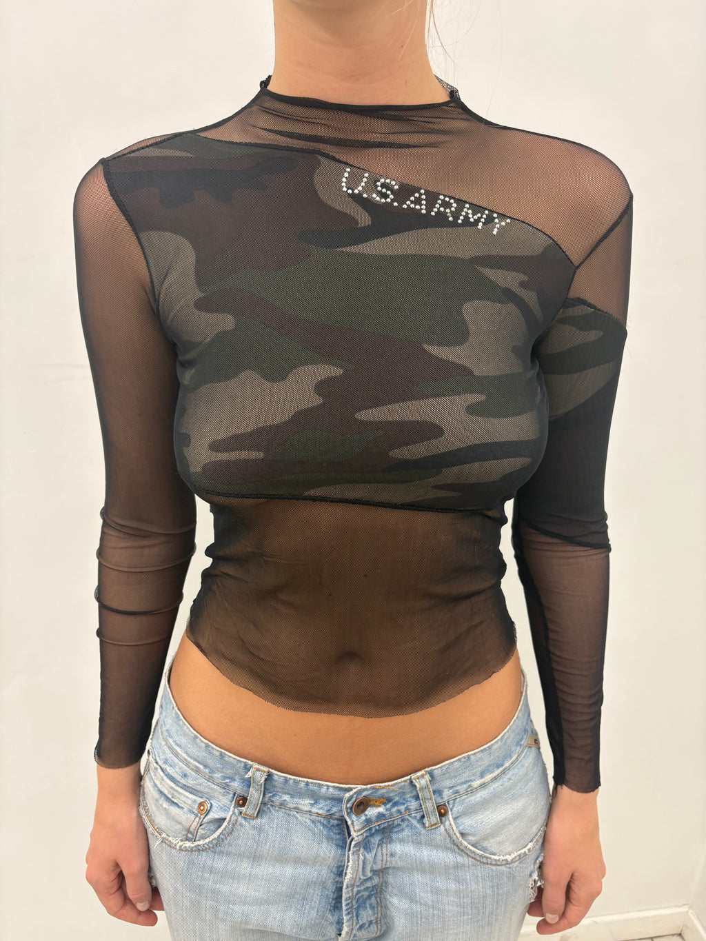 Y2K Sheer Camo Rhinestone Mesh Top