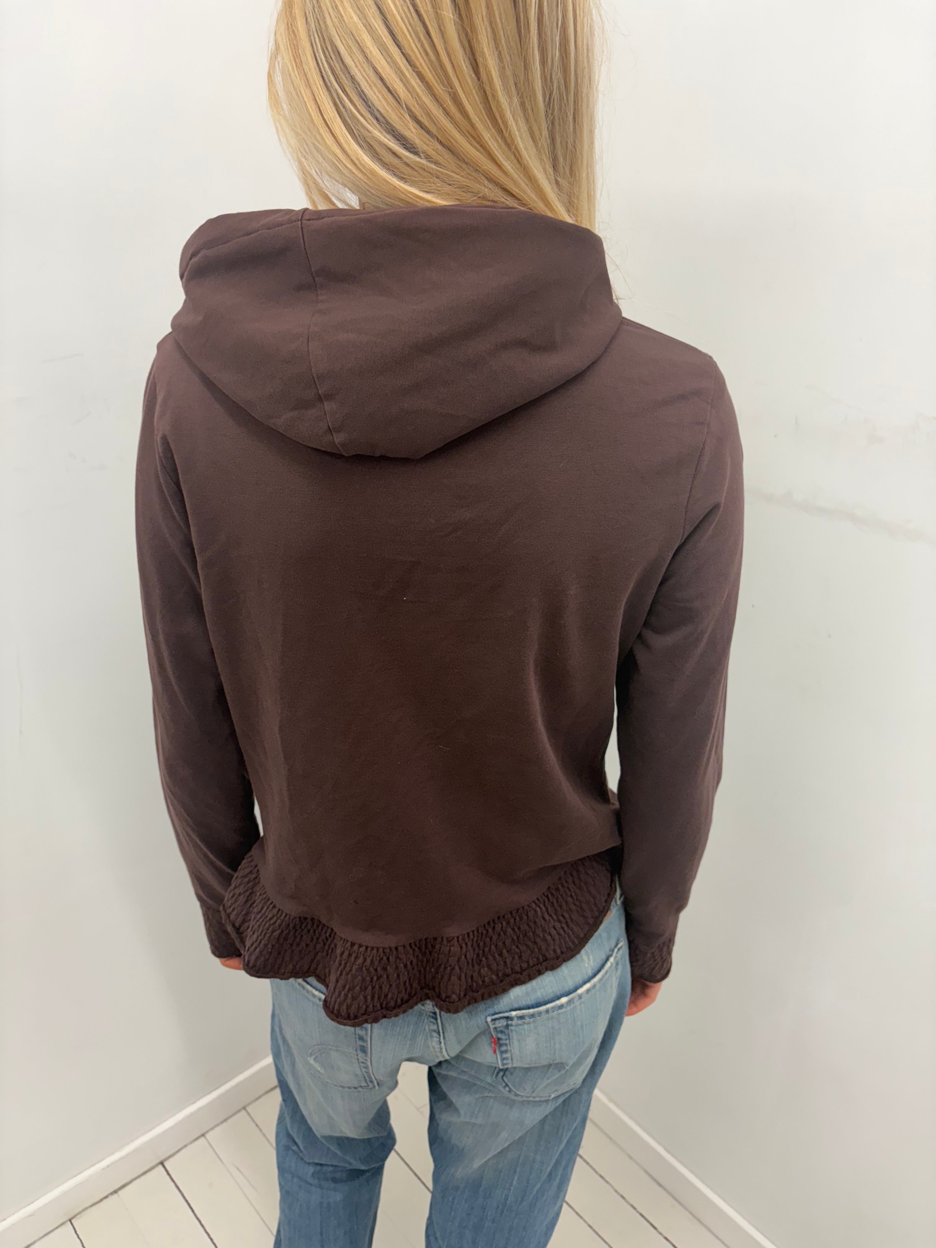 Y2K Brown Zip-Up Hoodie with Smocked Details
