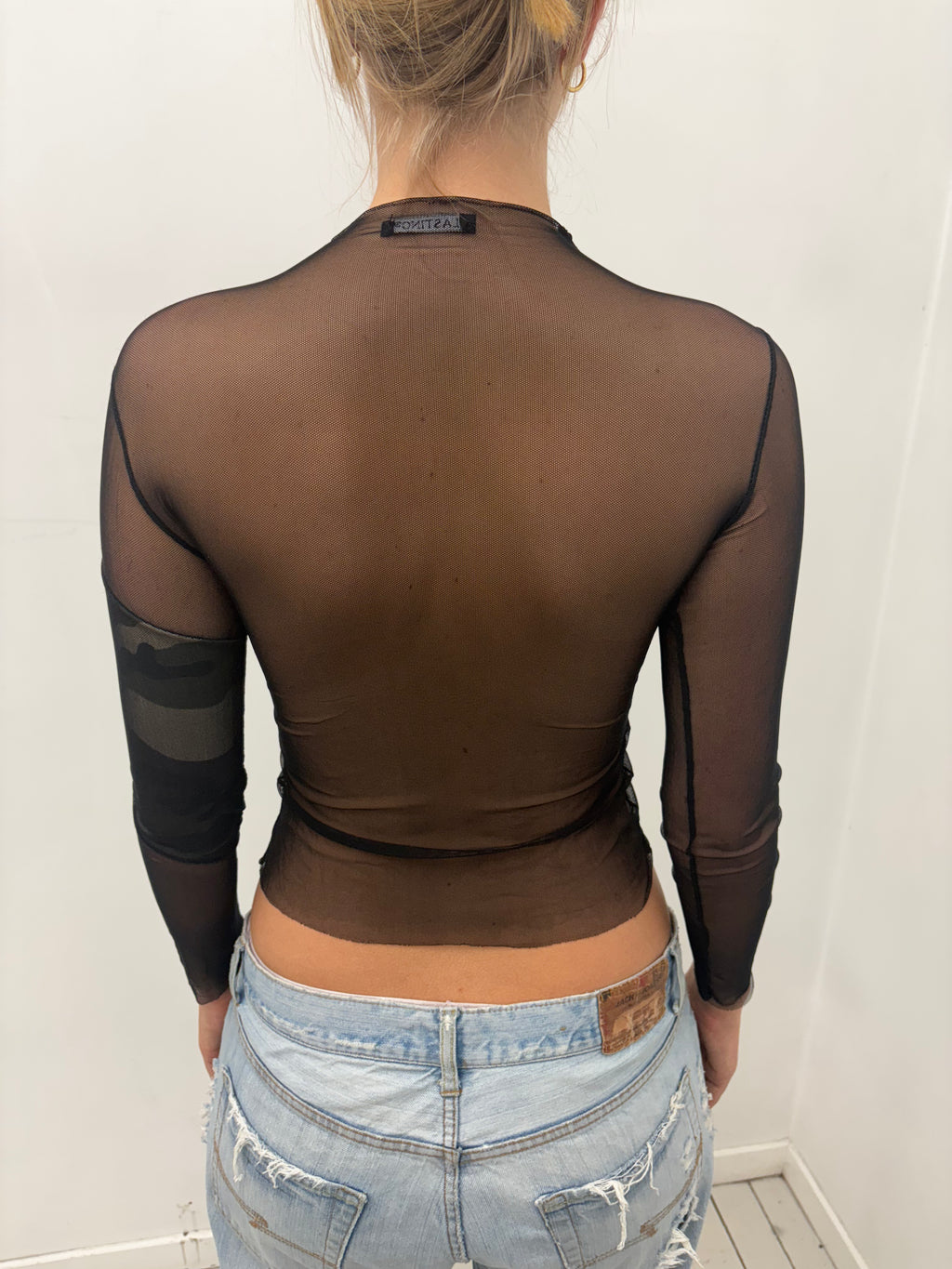 Y2K Sheer Camo Rhinestone Mesh Top