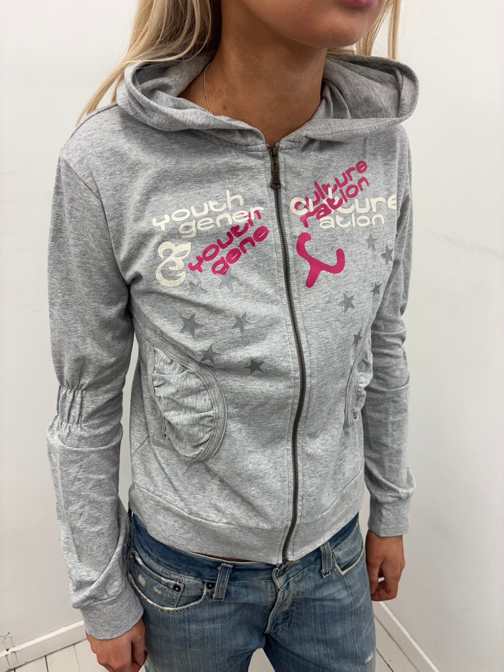 Y2K Grey Graphic Zip-Up Hoodie