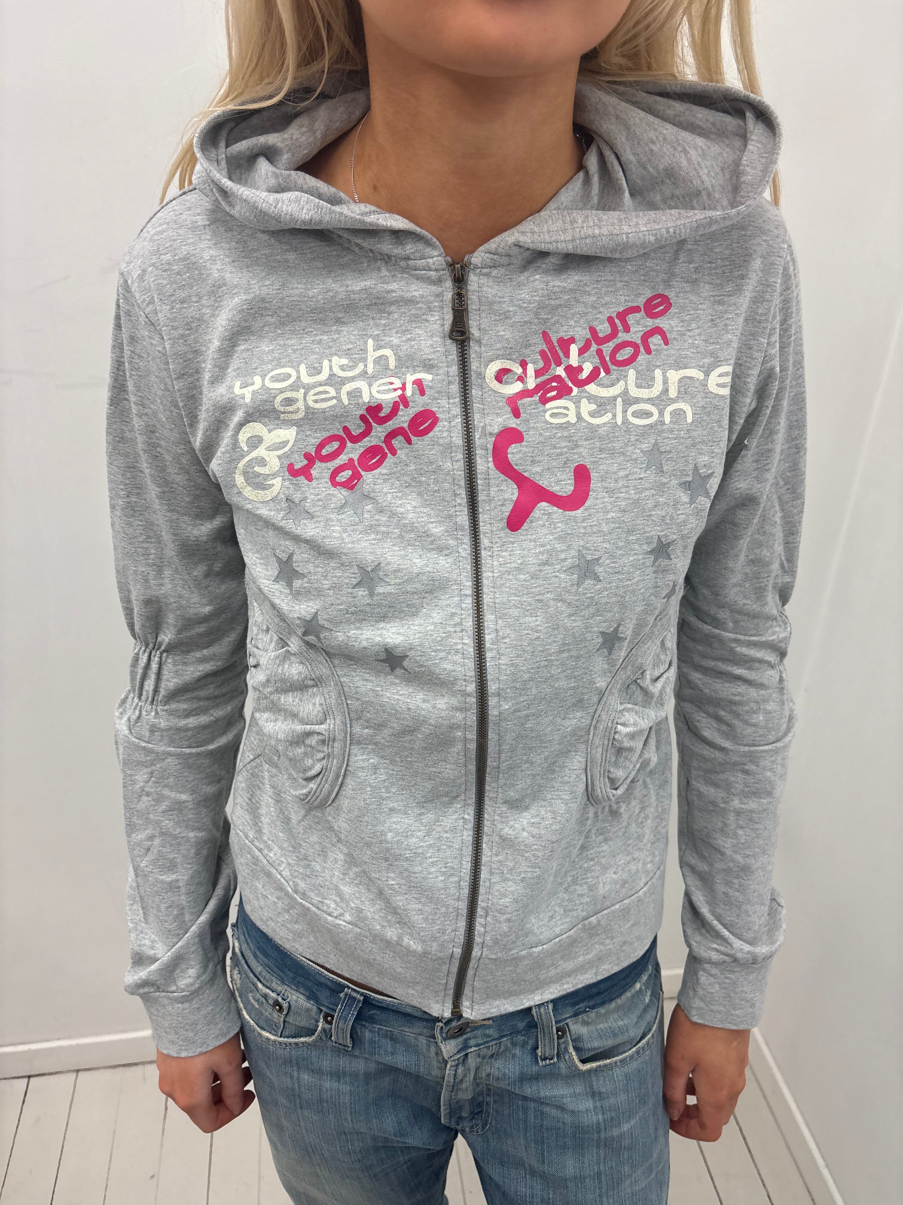 Y2K Grey Graphic Zip-Up Hoodie