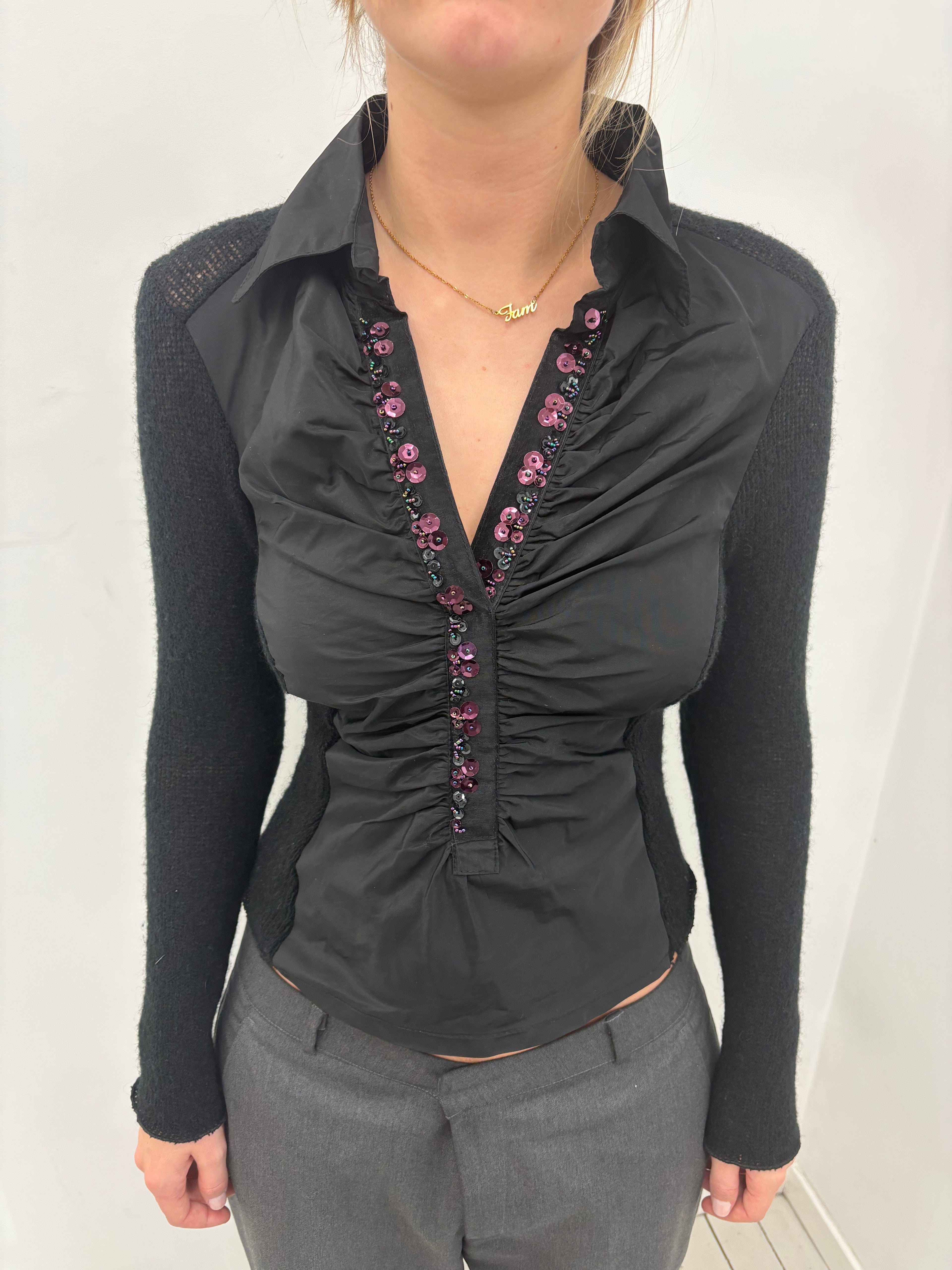 Y2K Ruched Sequin Trim Black Top