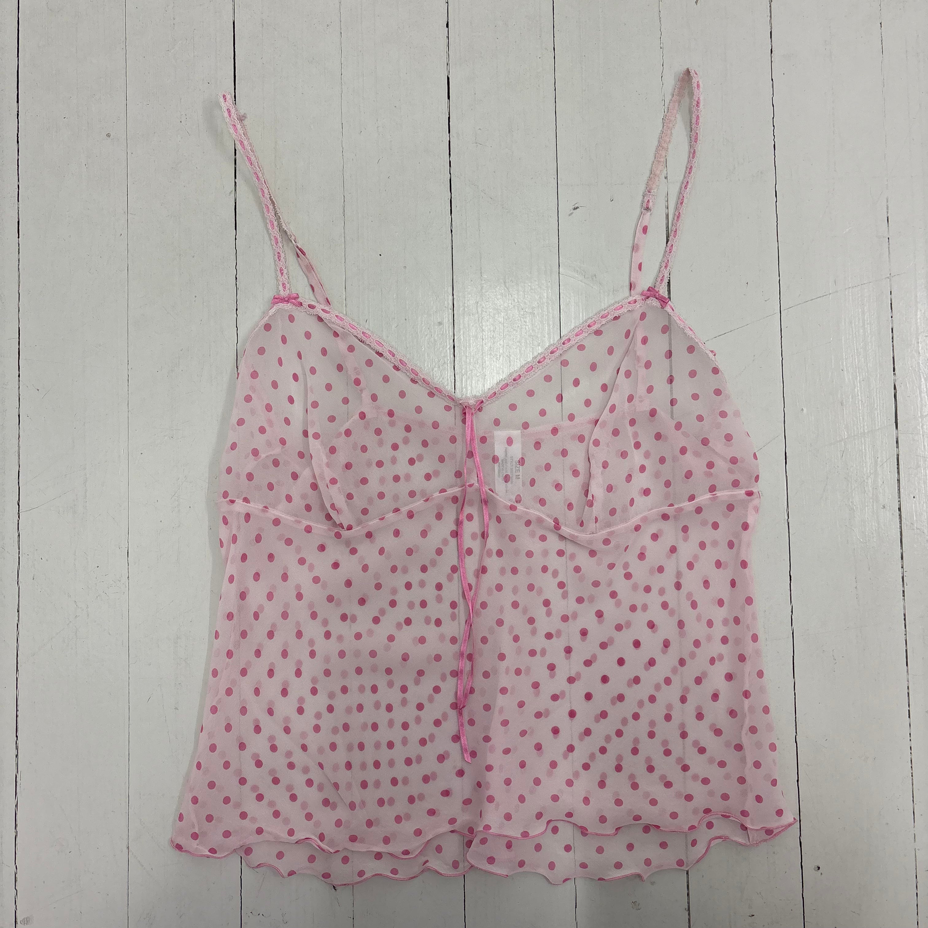 Pink Sheer Polkadot Camisole with Lace Trim