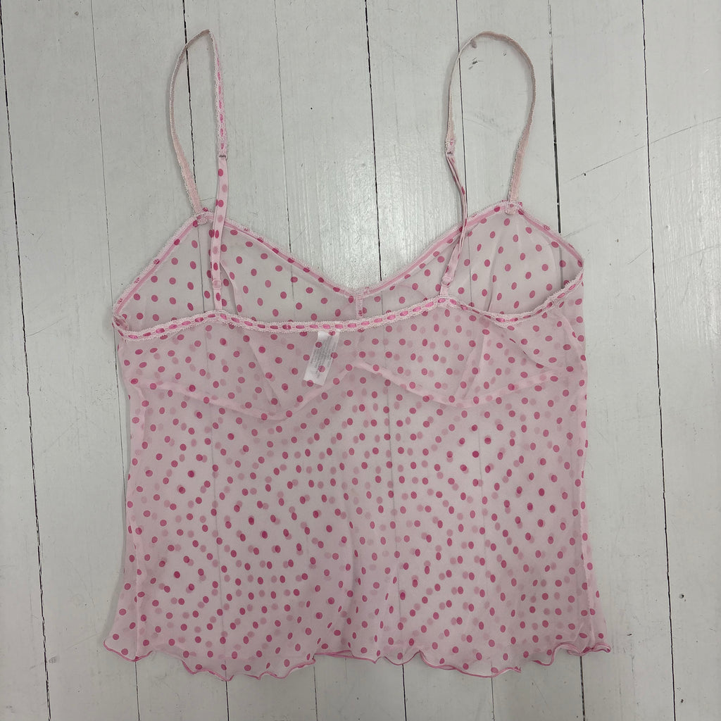 Pink Sheer Polkadot Camisole with Lace Trim