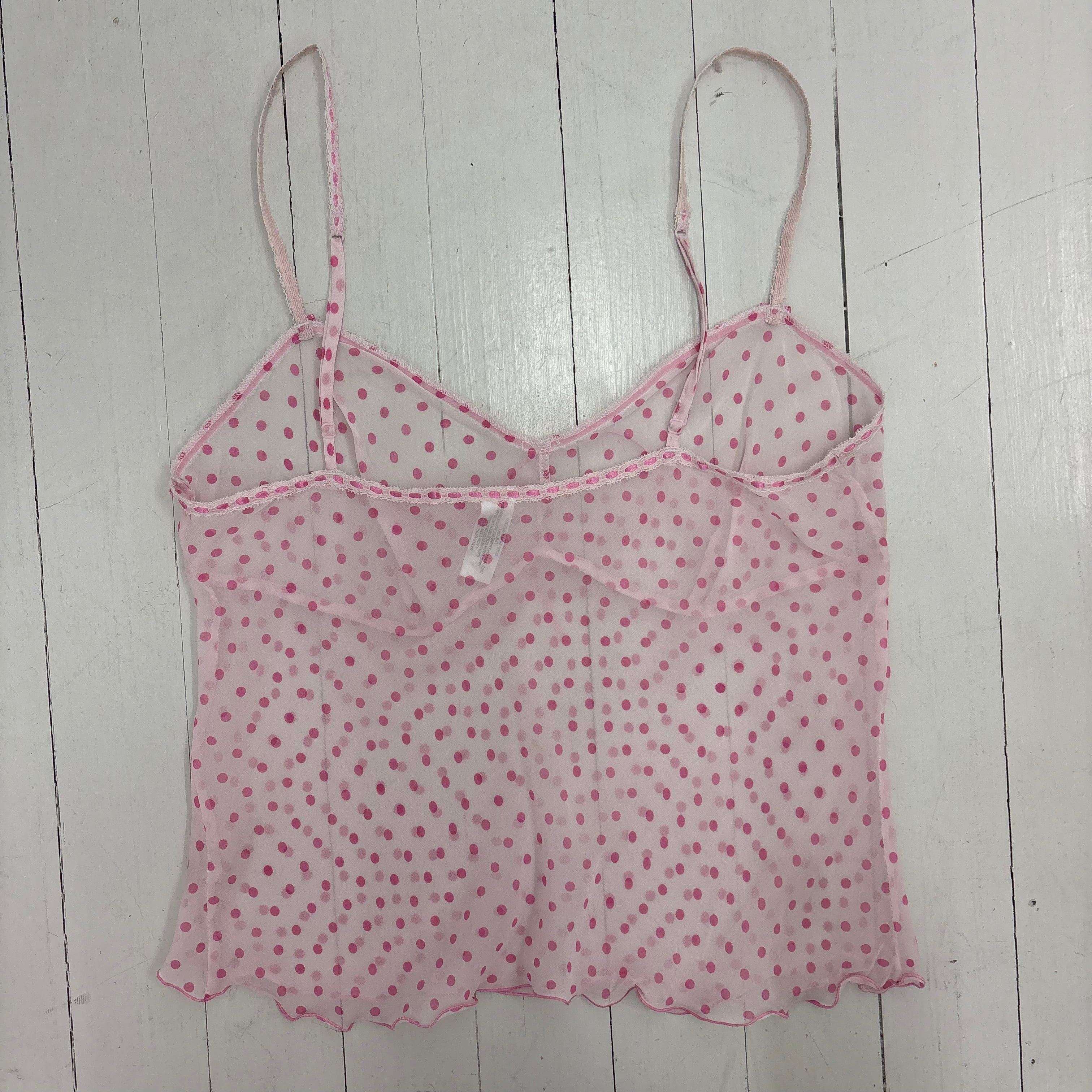 Pink Sheer Polkadot Camisole with Lace Trim
