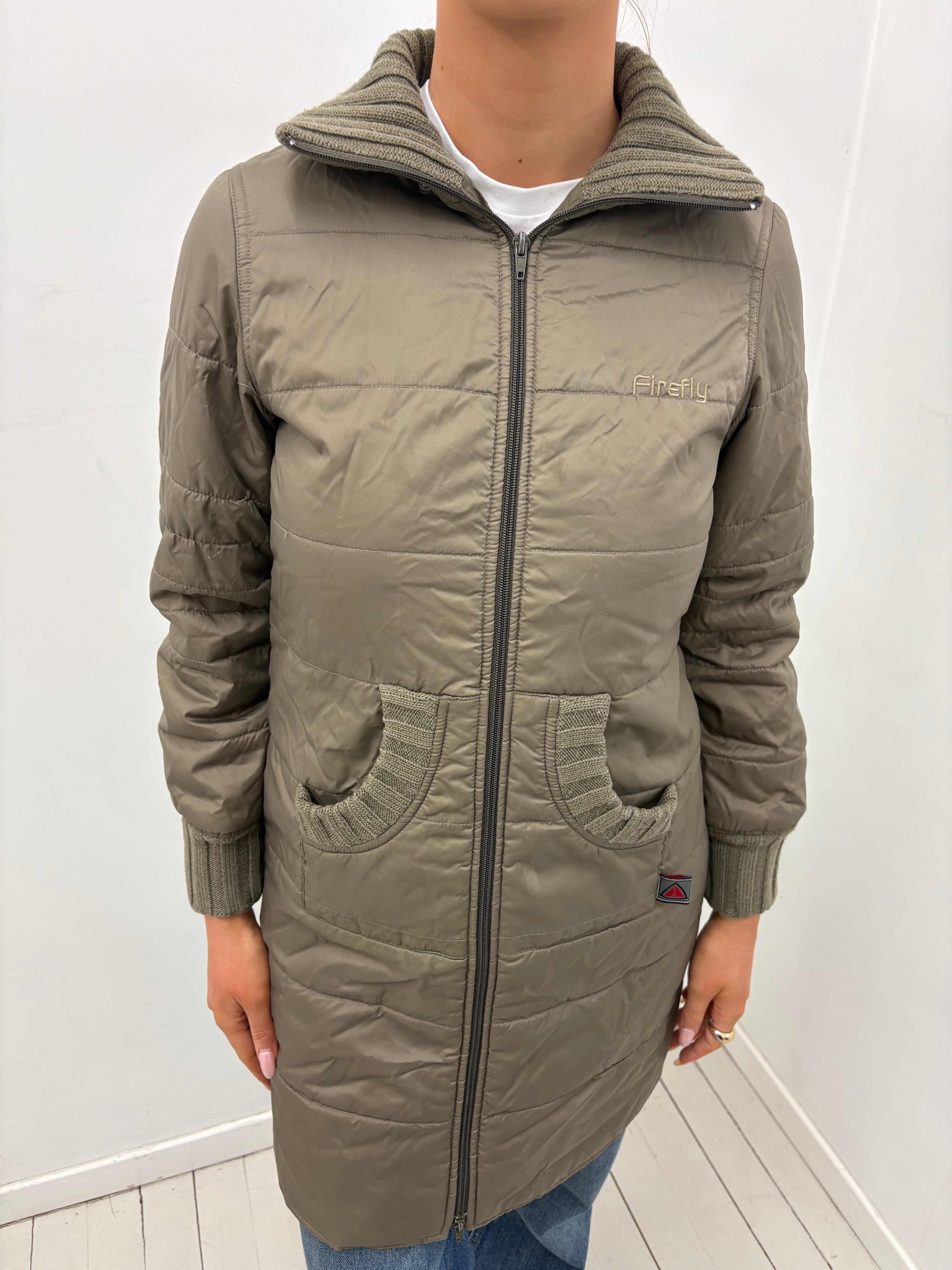 Olive Knit-Collar Puffer Coat