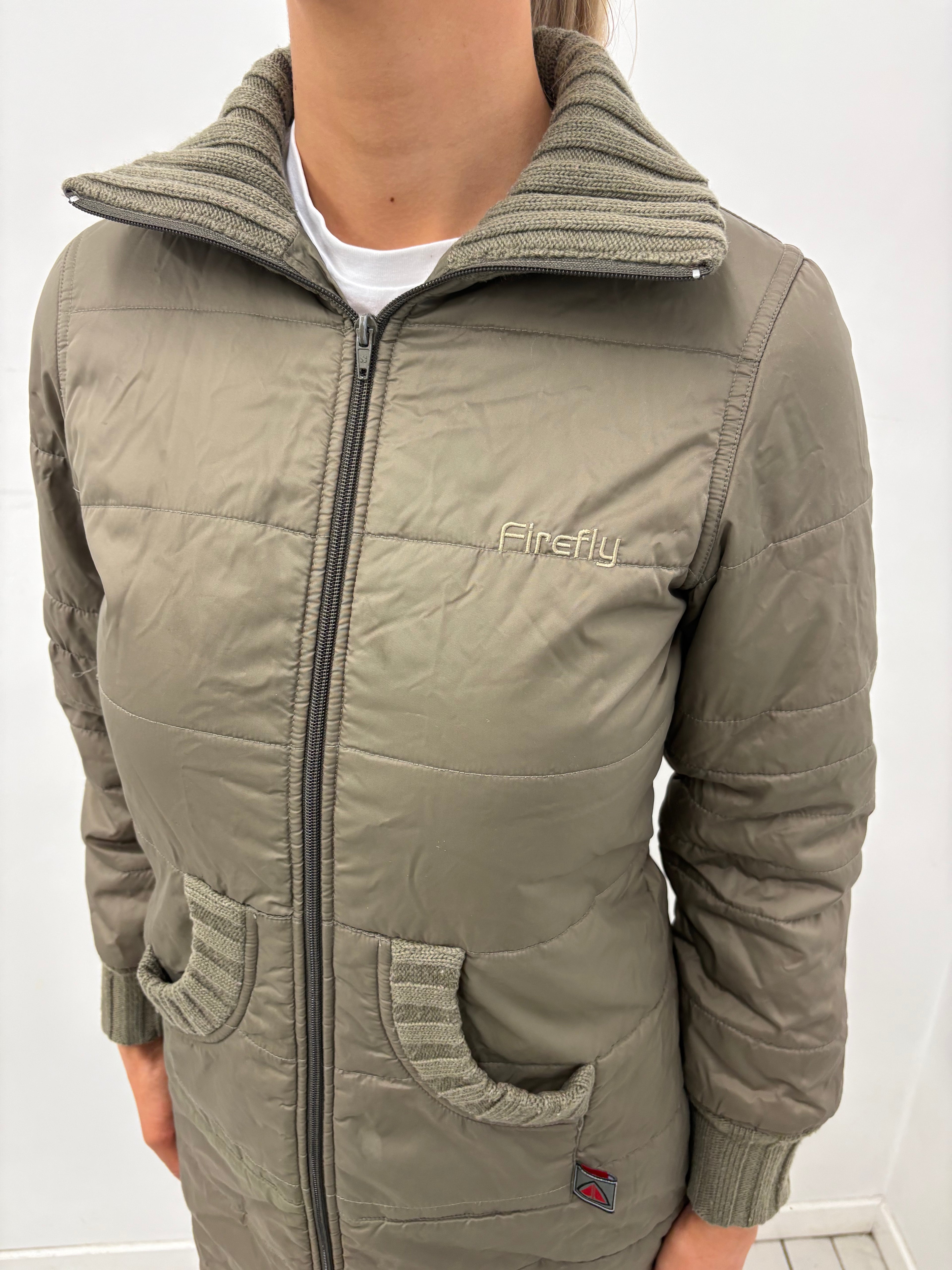 Olive Knit-Collar Puffer Coat