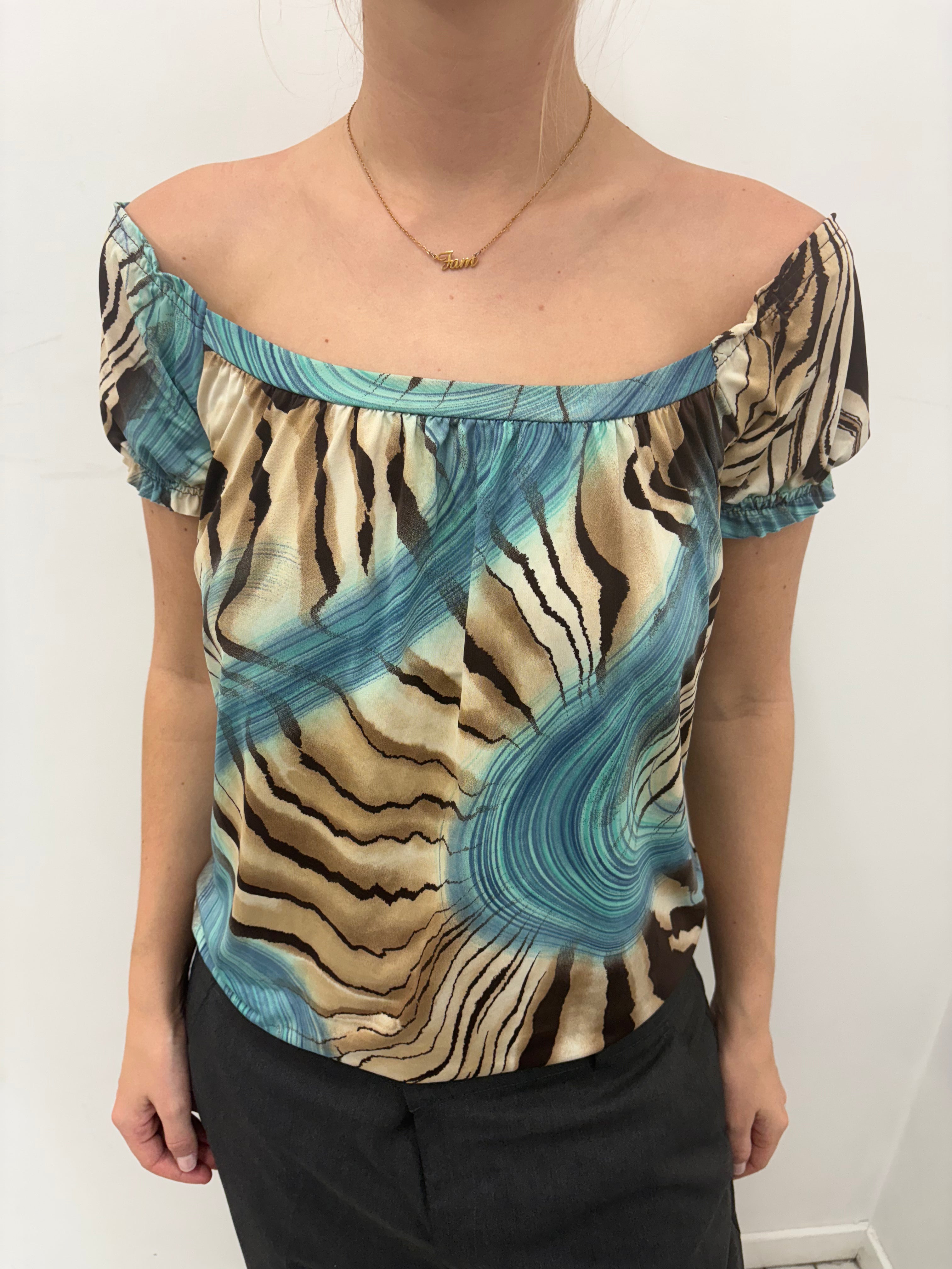 Y2K Off-Shoulder Abstract Print Top
