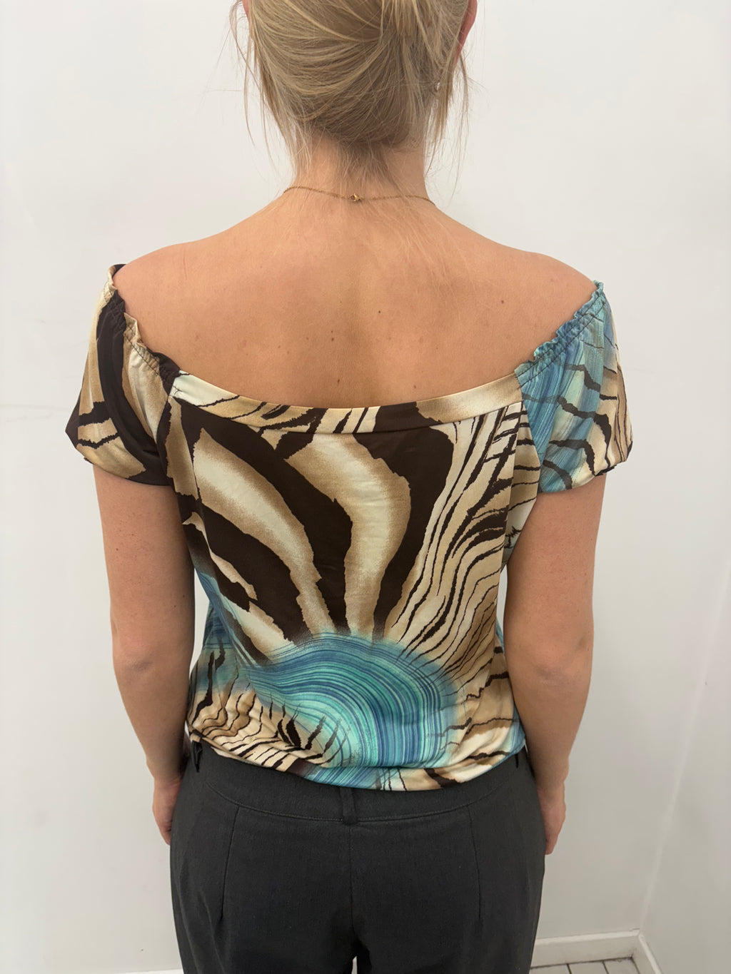 Y2K Off-Shoulder Abstract Print Top