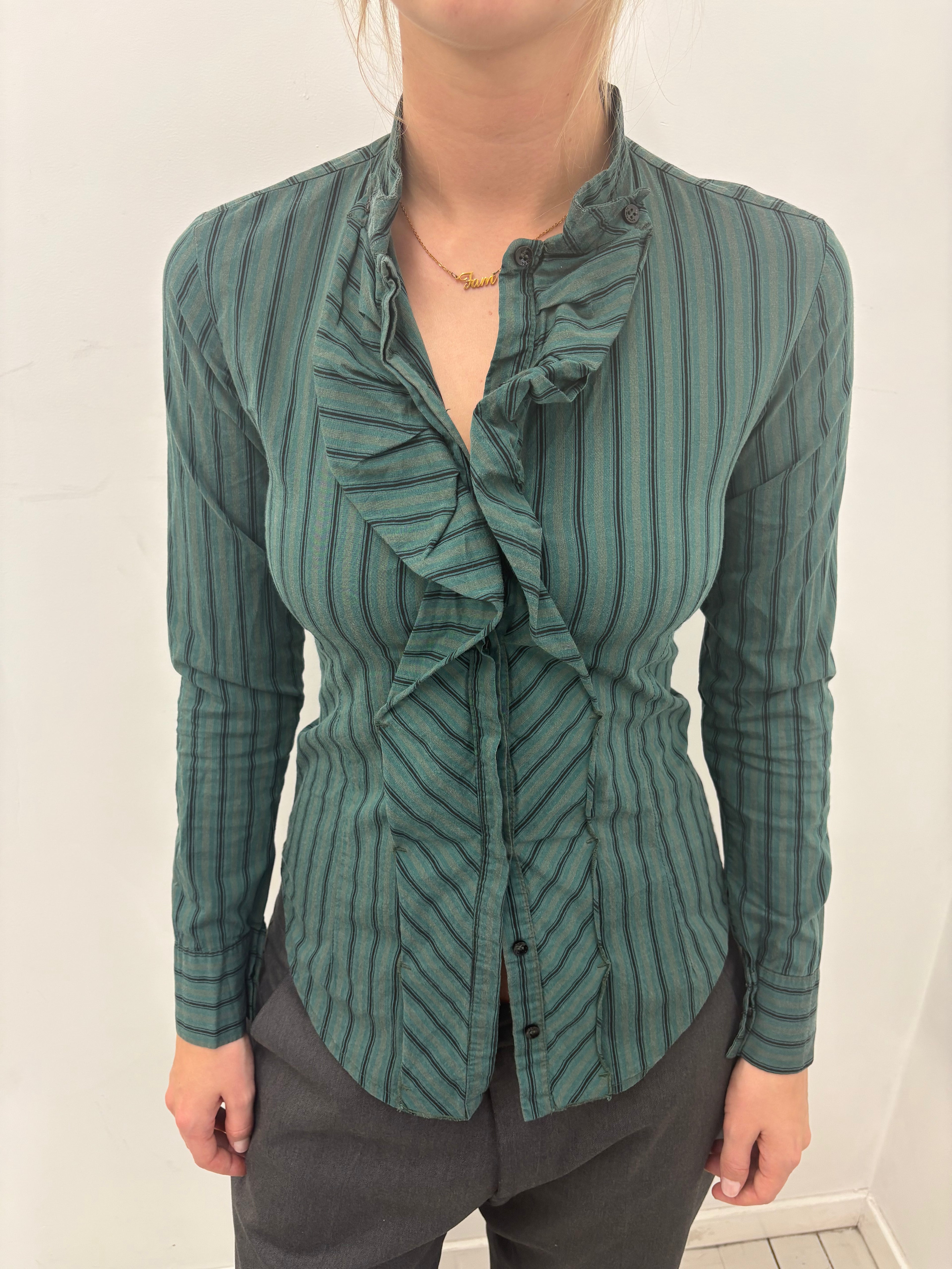 Forest Green Ruffle Front Blouse