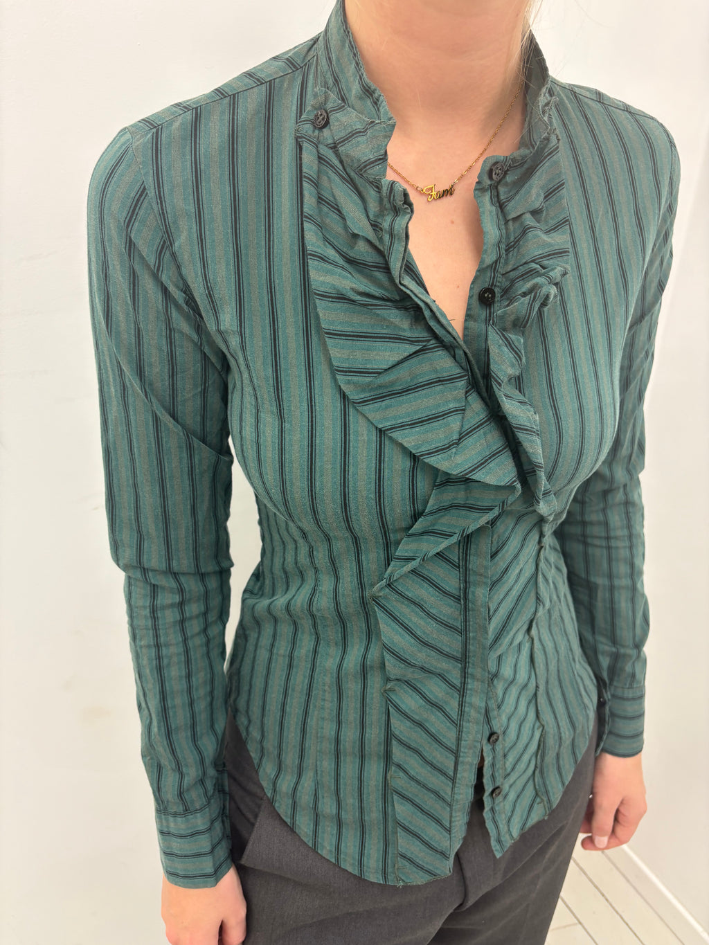 Forest Green Ruffle Front Blouse