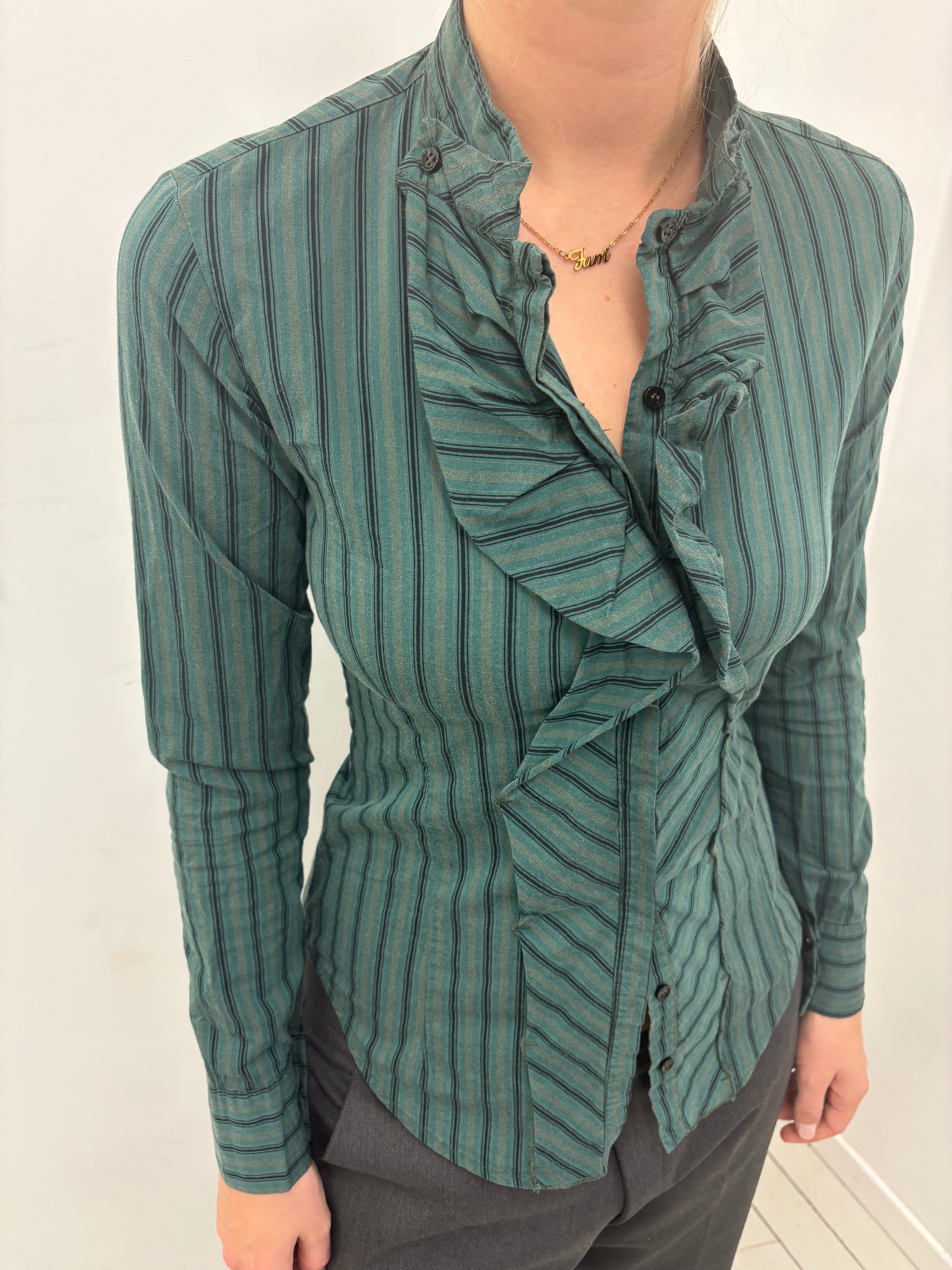 Forest Green Ruffle Front Blouse