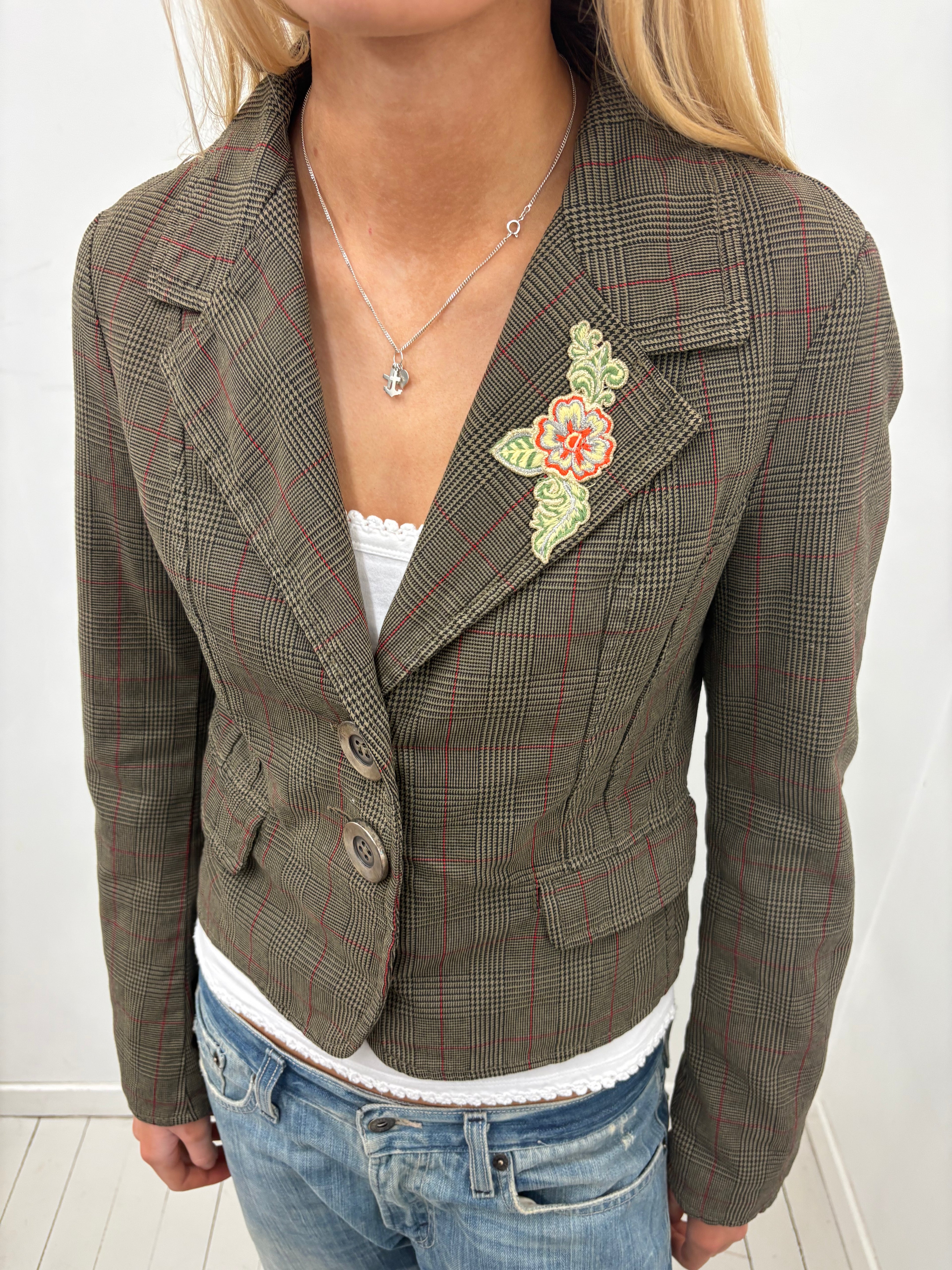 Y2K Olive Plaid Embroidered Blazer