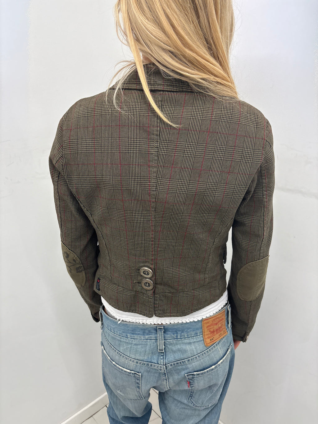Y2K Olive Plaid Embroidered Blazer