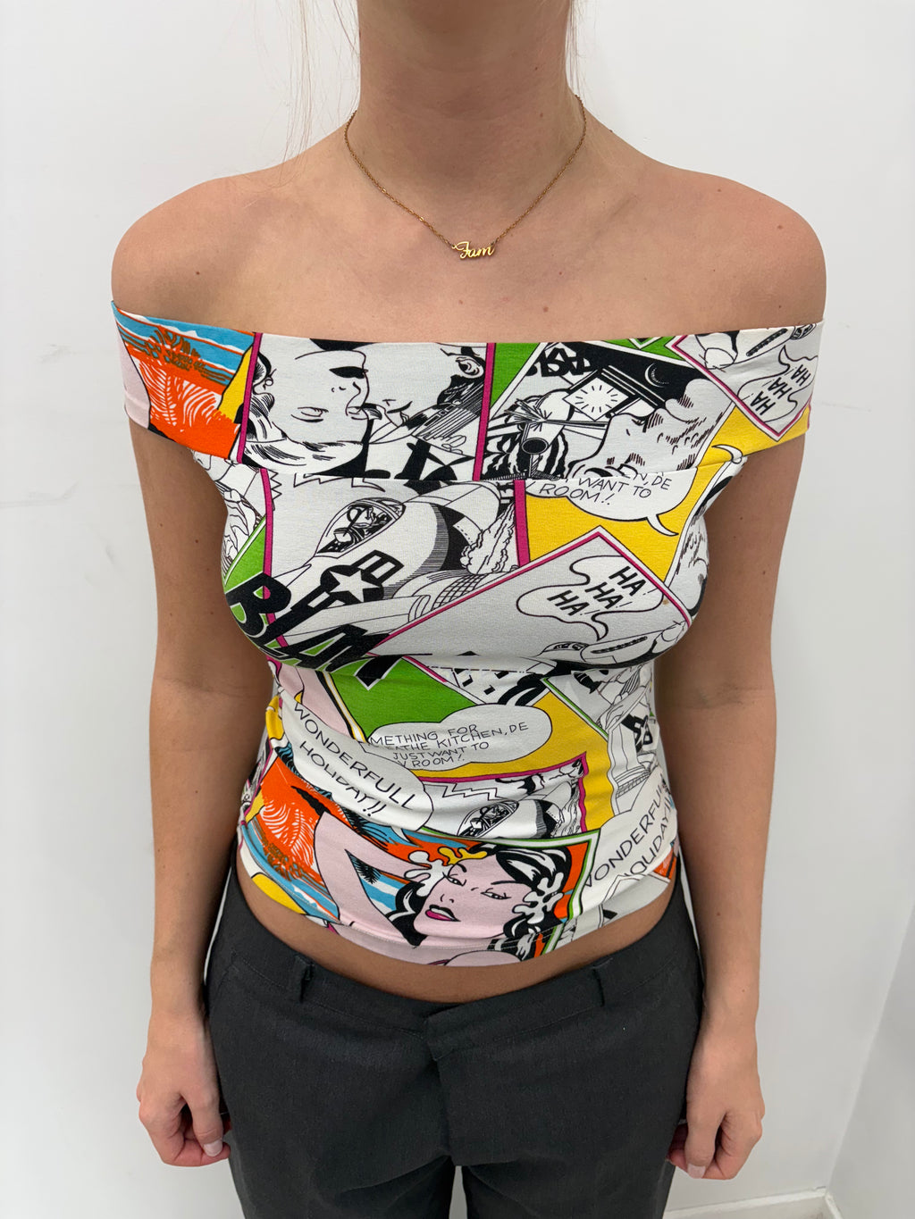 Y2K Comic Print Off-Shoulder Top