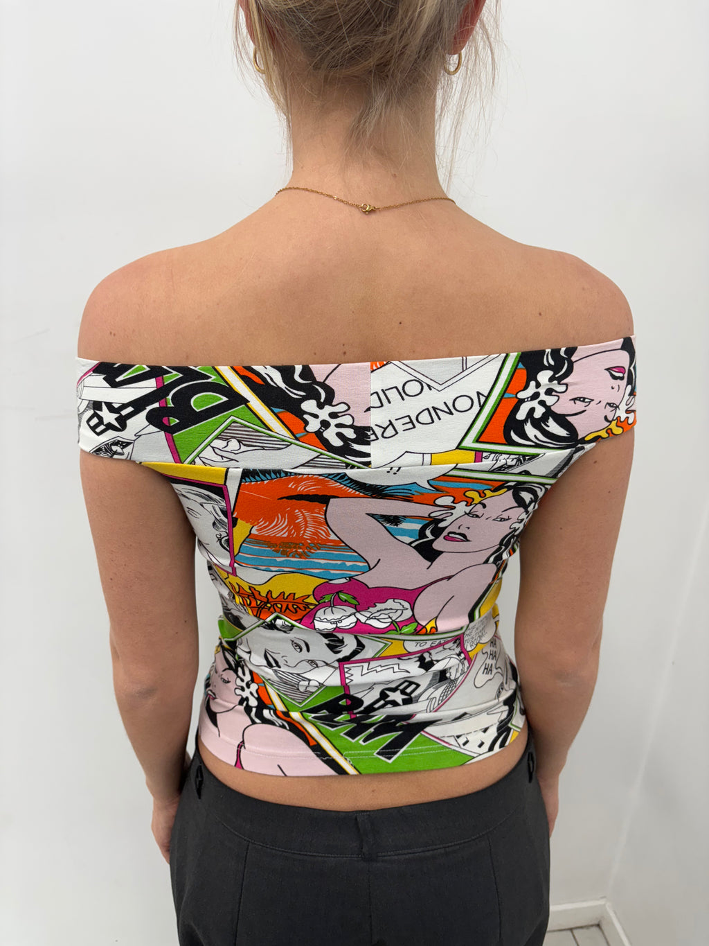 Y2K Comic Print Off-Shoulder Top