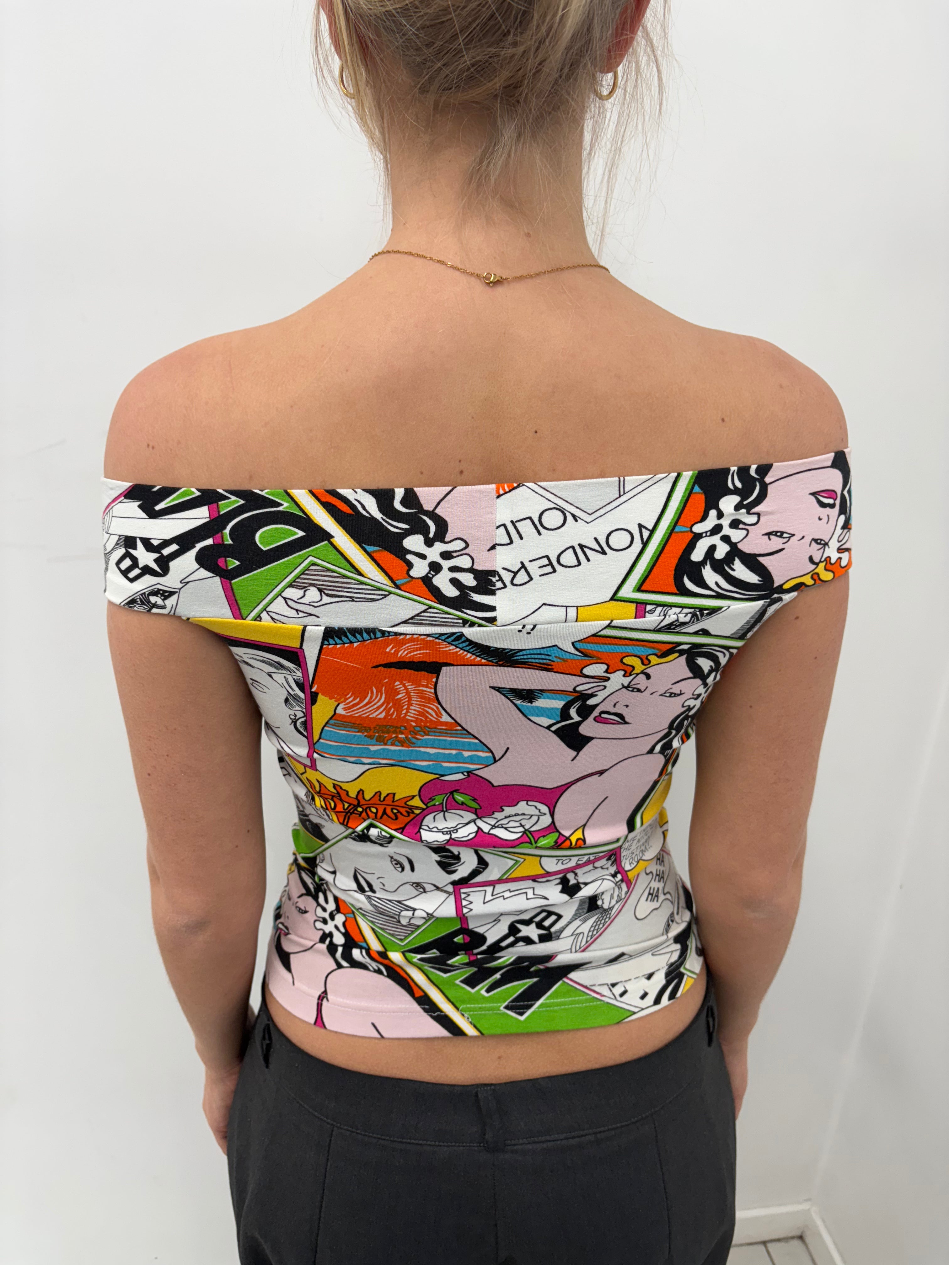 Y2K Comic Print Off-Shoulder Top