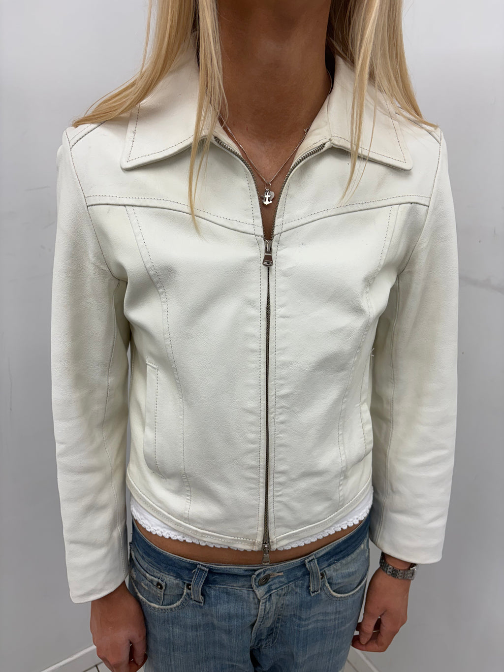 White Leather Zip Jacket