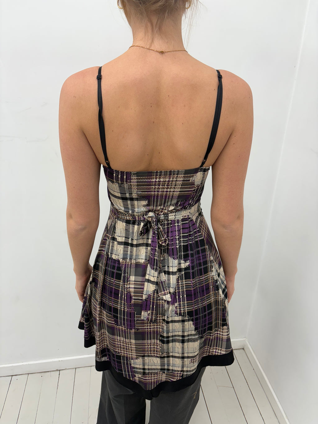 Purple Plaid Lace Trim Mini Dress