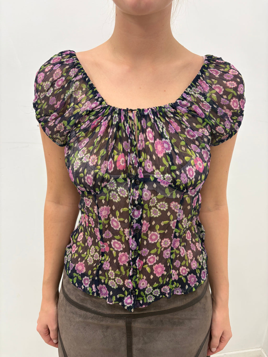 Y2K Sheer Floral Silk Puff Sleeve Top