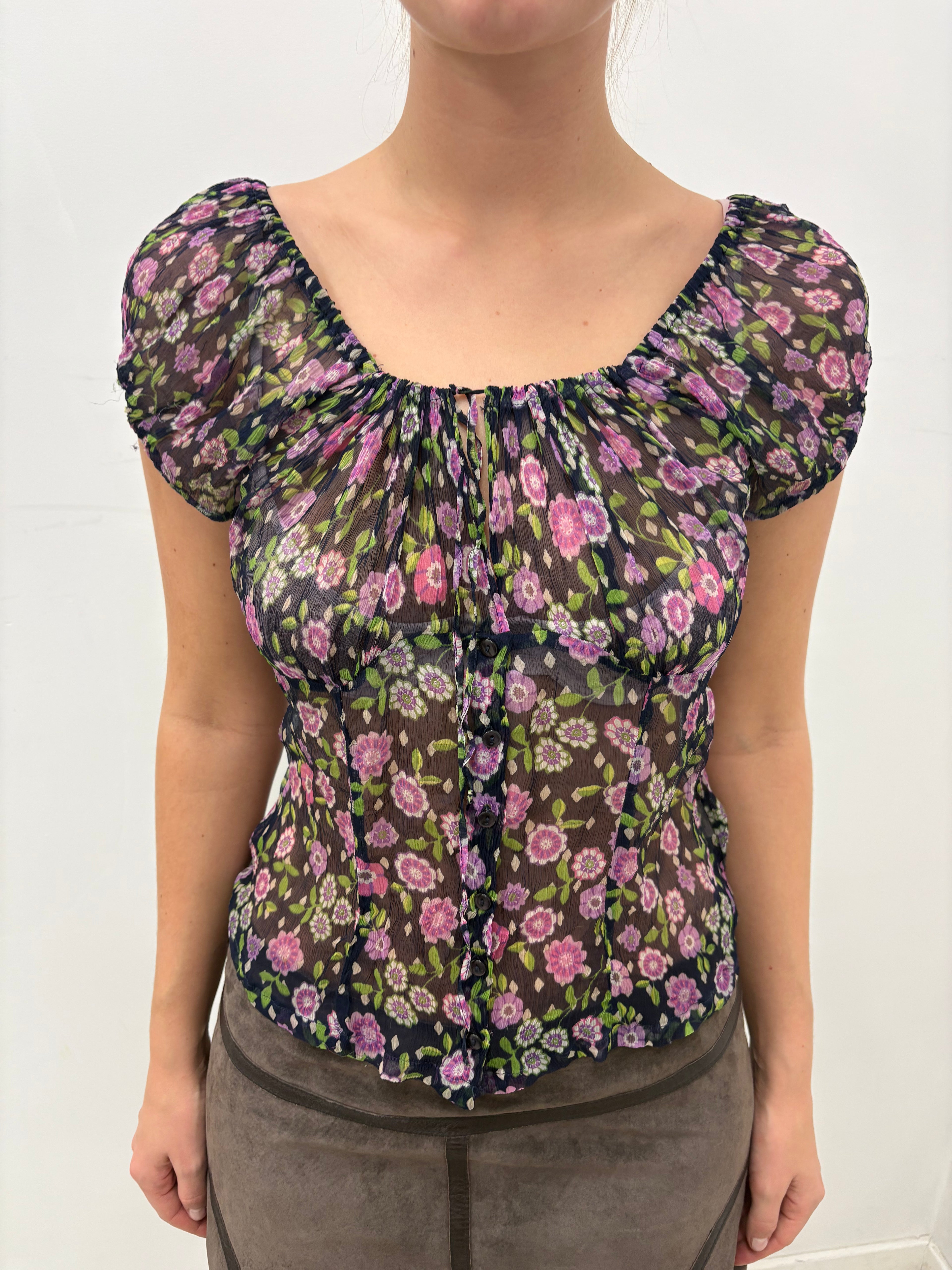 Y2K Sheer Floral Silk Puff Sleeve Top