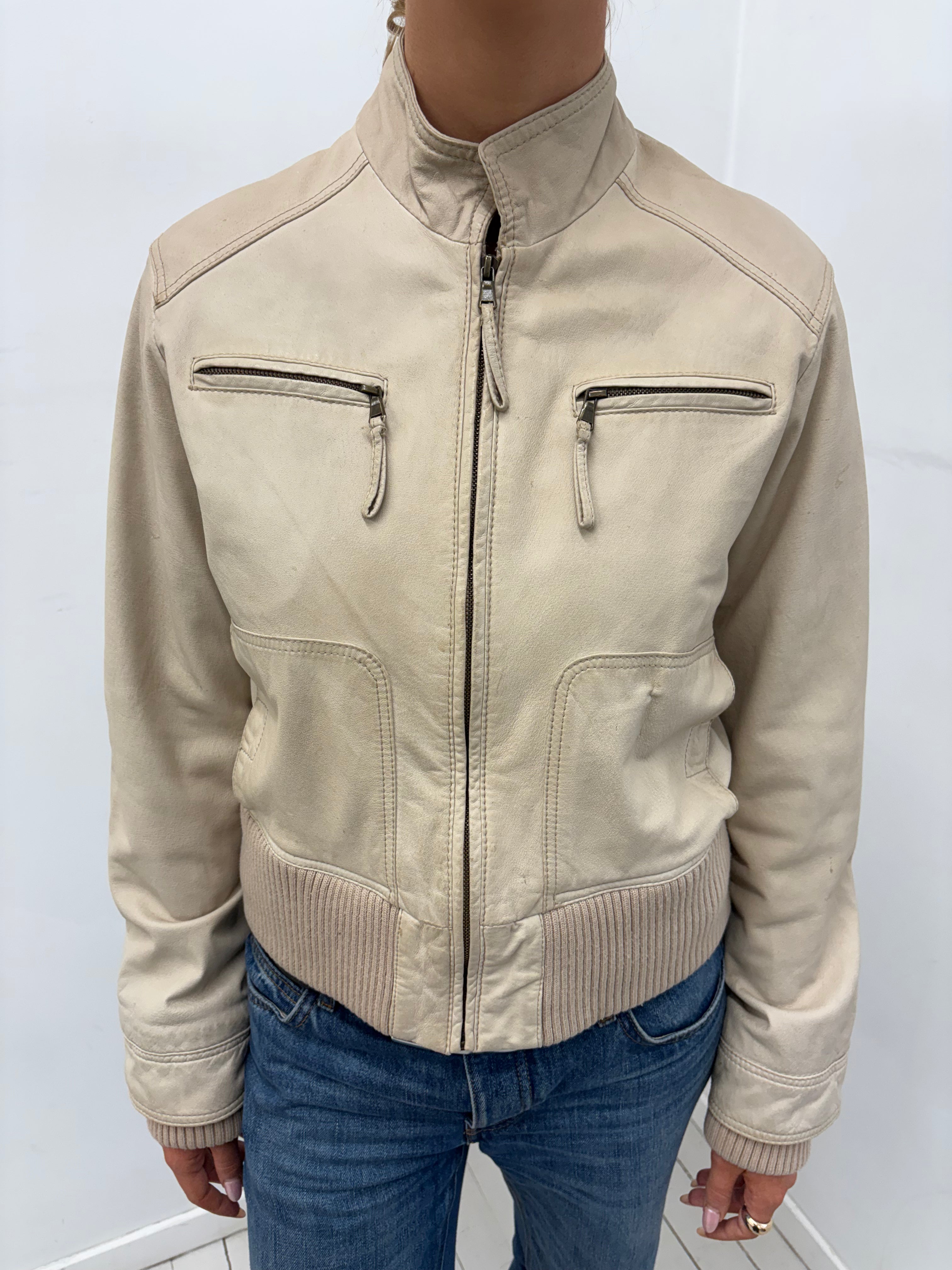 Cream Leather Ribbed-Hem Y2K Bomber Jacket