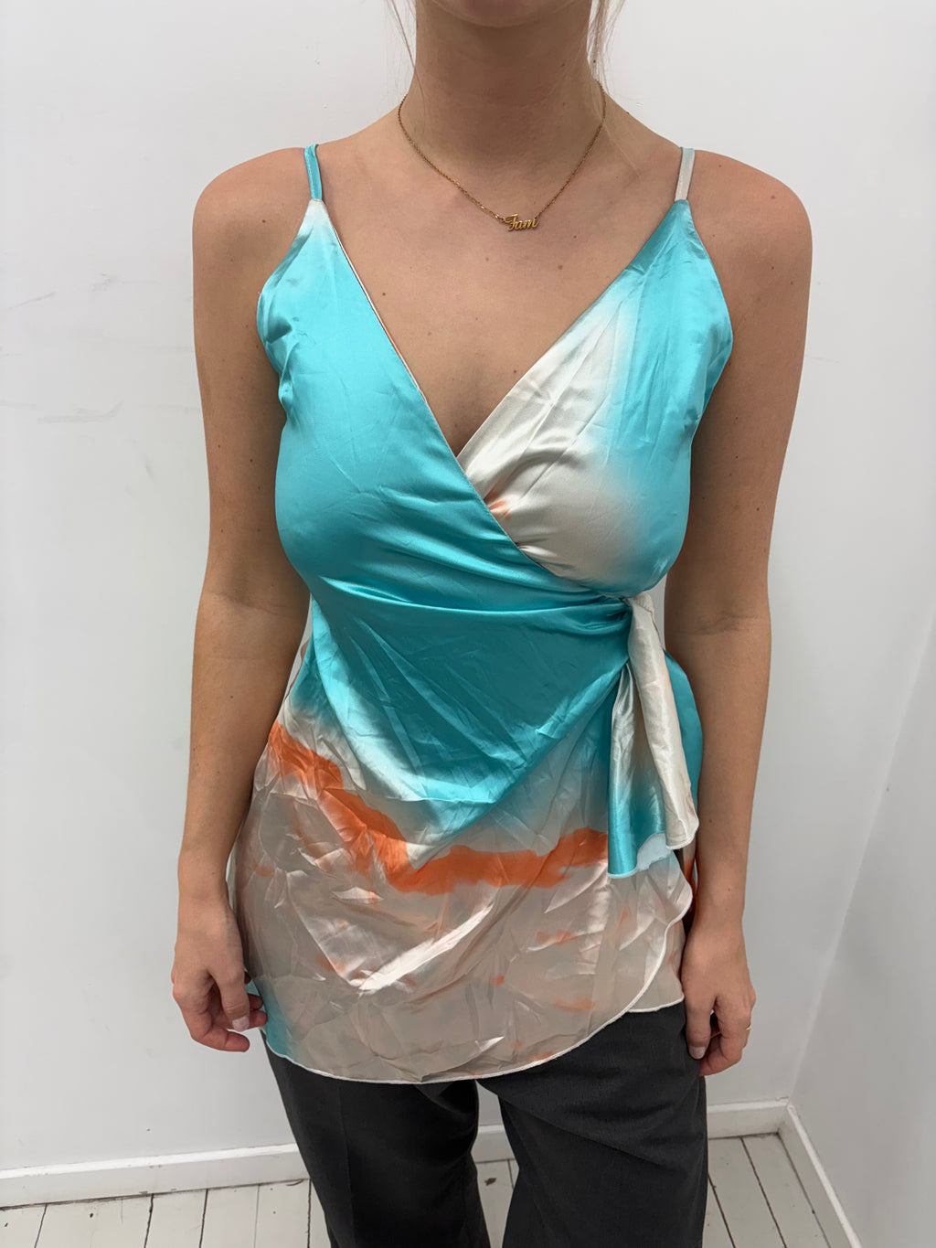Turquoise Satin Wrap Dress