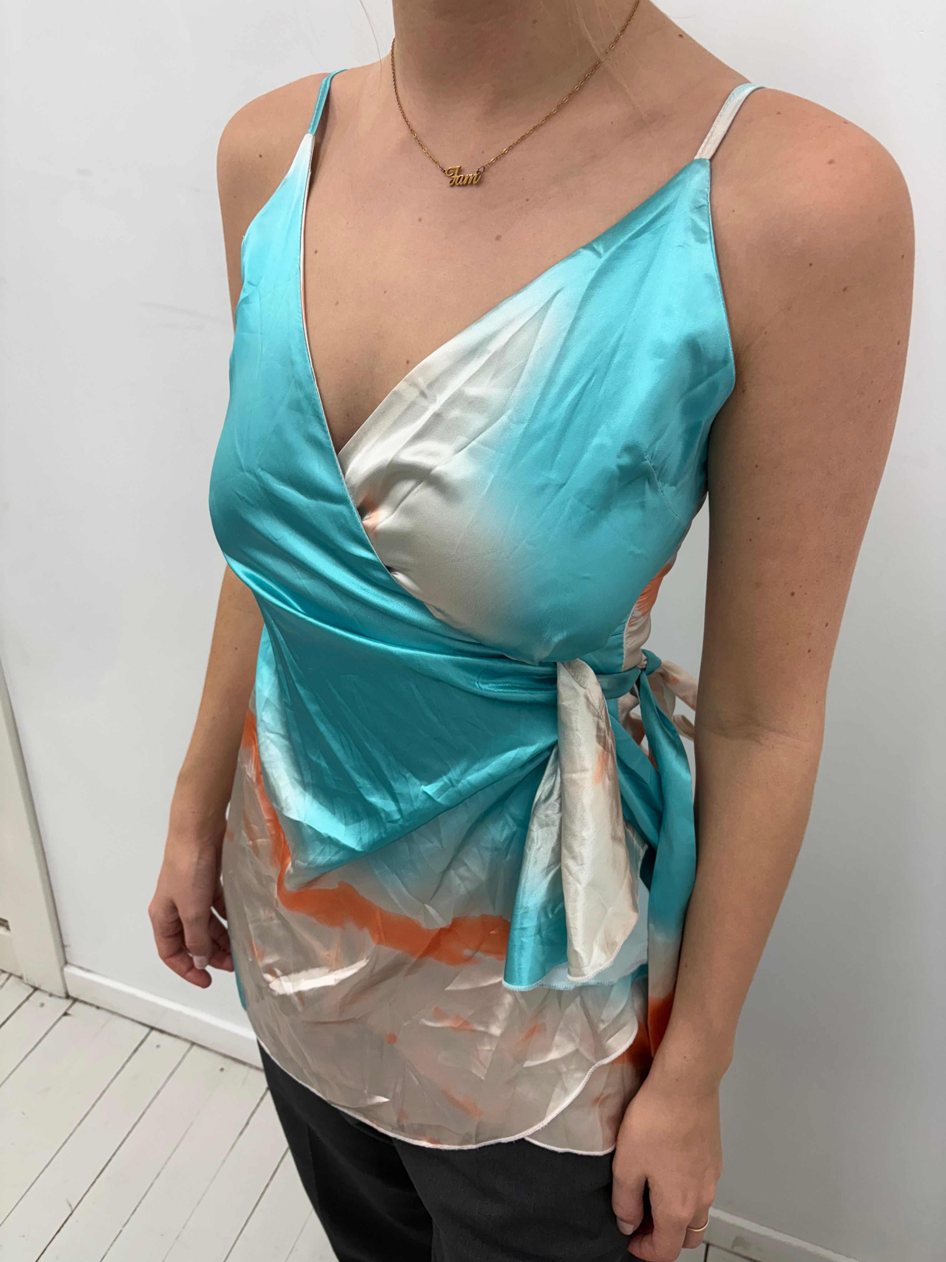 Turquoise Satin Wrap Dress