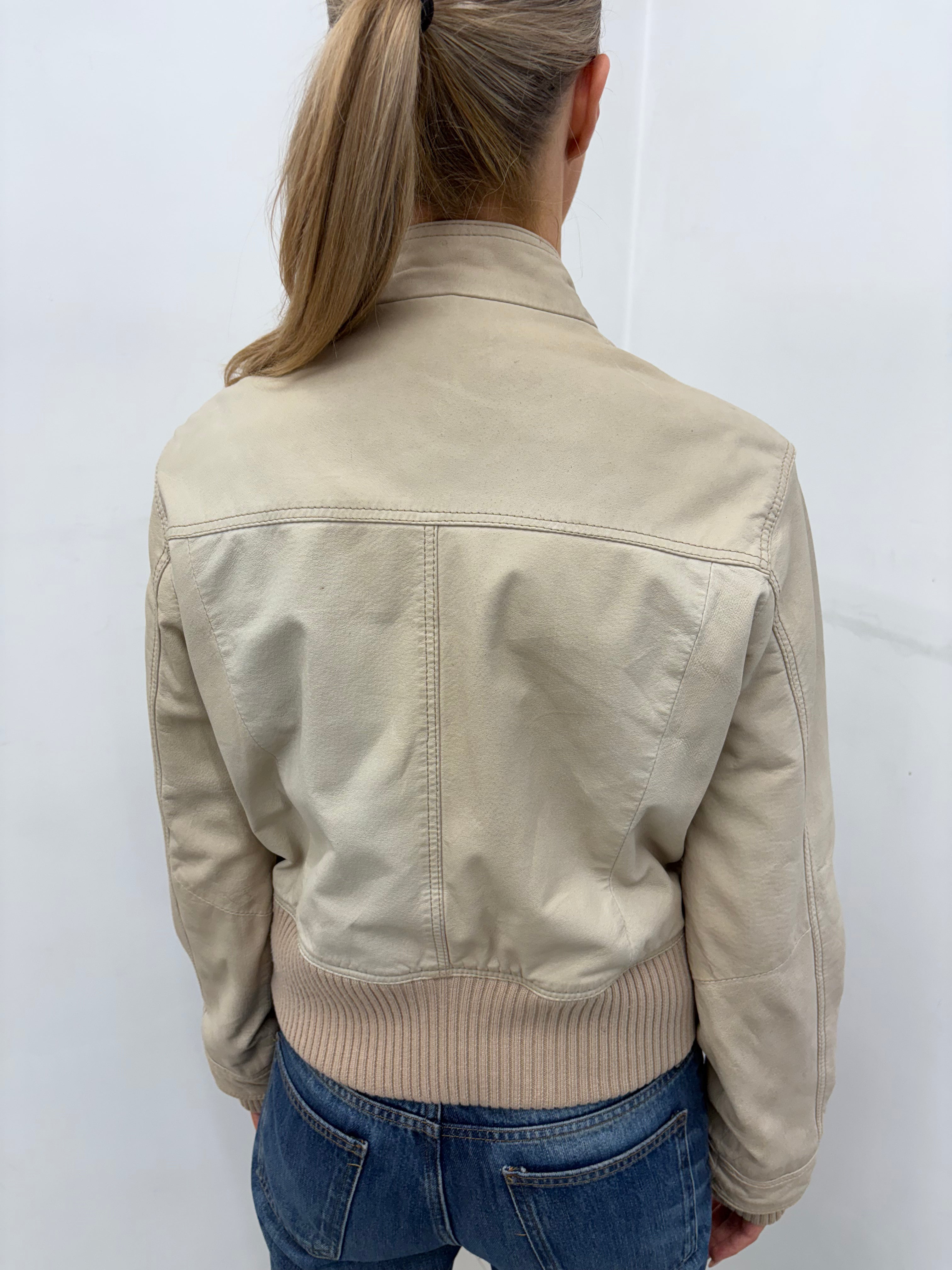 Cream Leather Ribbed-Hem Y2K Bomber Jacket