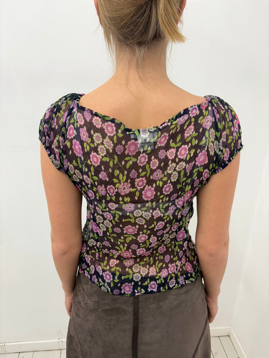 Y2K Sheer Floral Silk Puff Sleeve Top