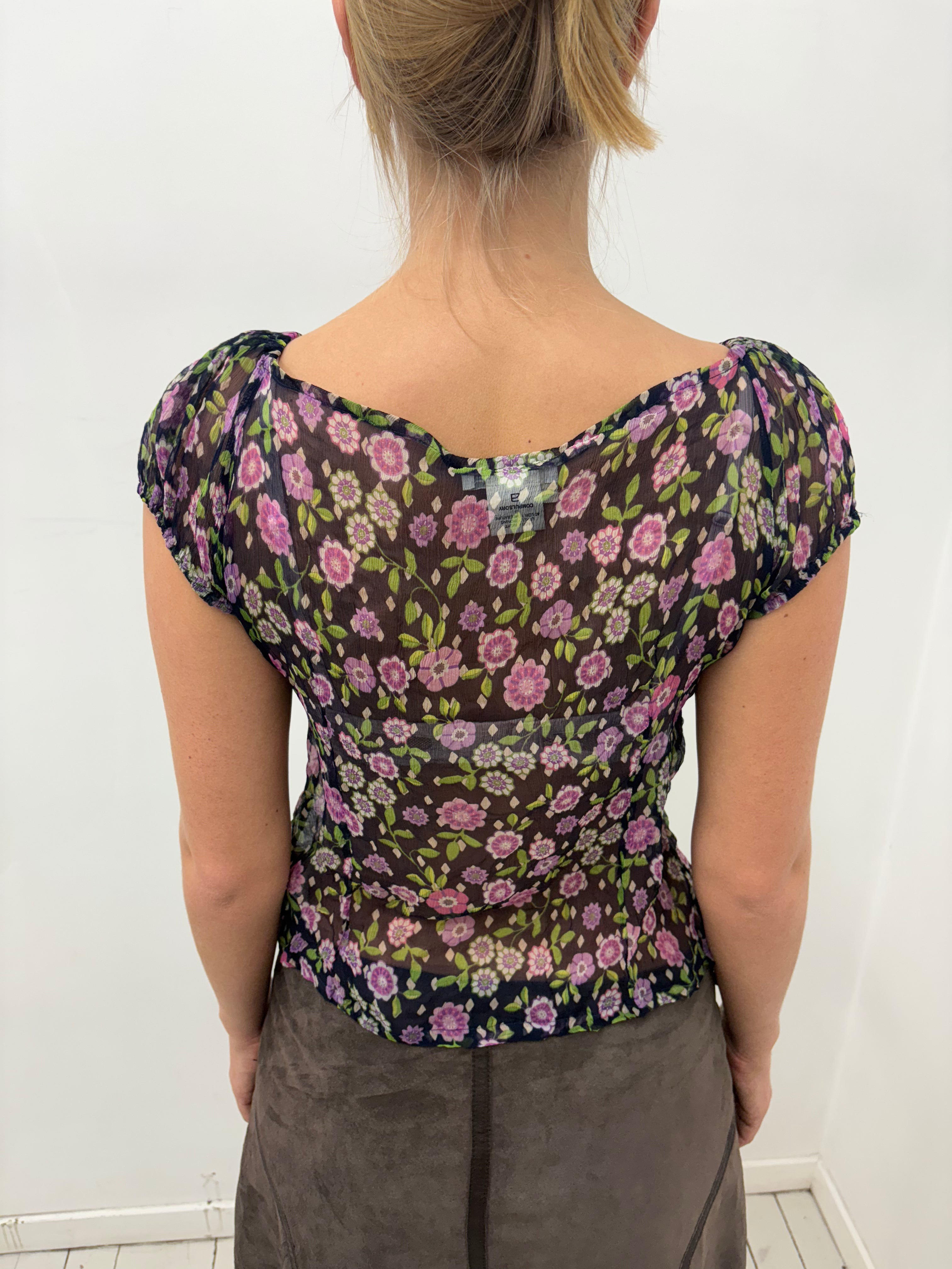Y2K Sheer Floral Silk Puff Sleeve Top