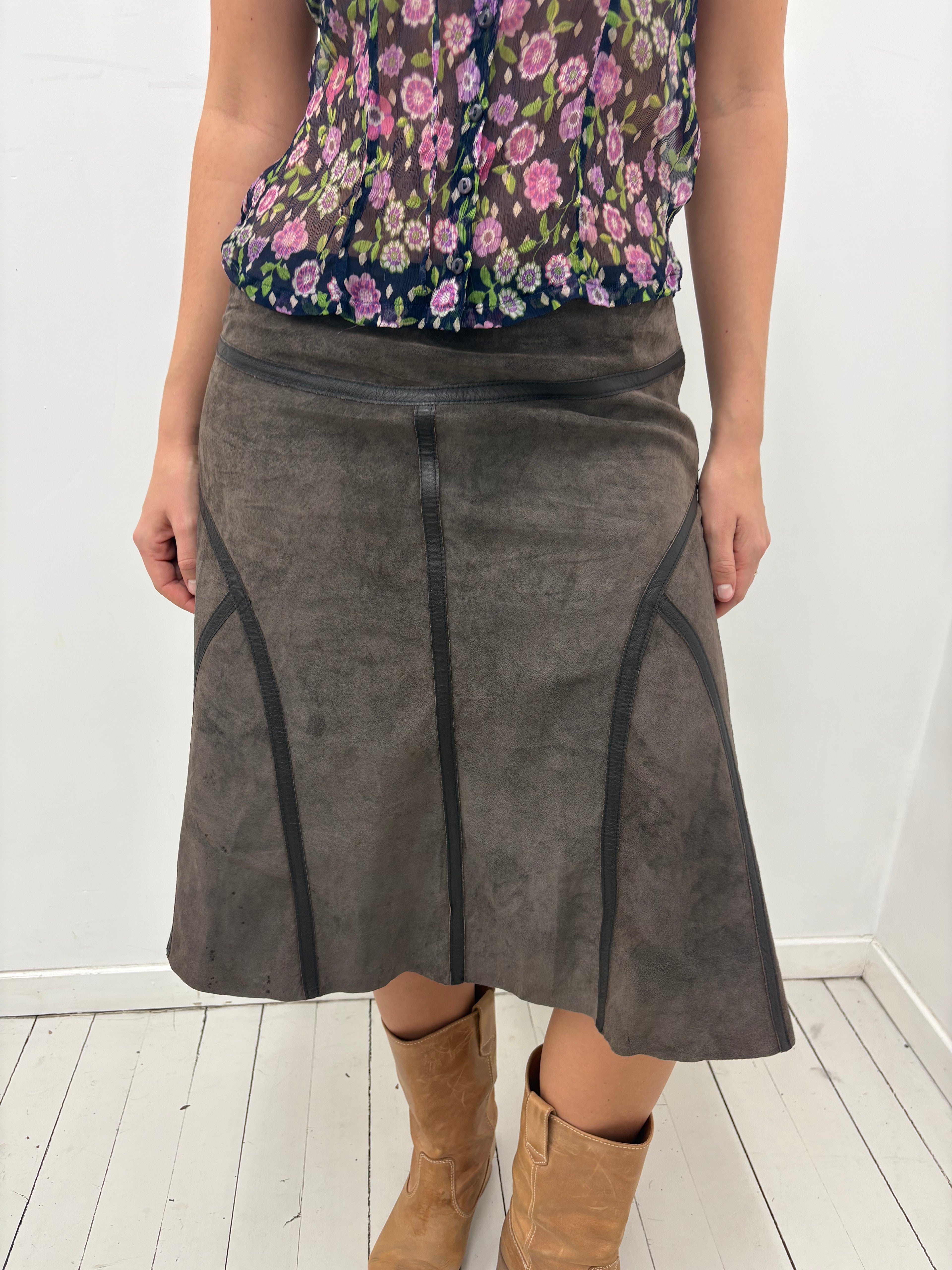 Y2K Brown Faux Suede Panel Midi Skirt