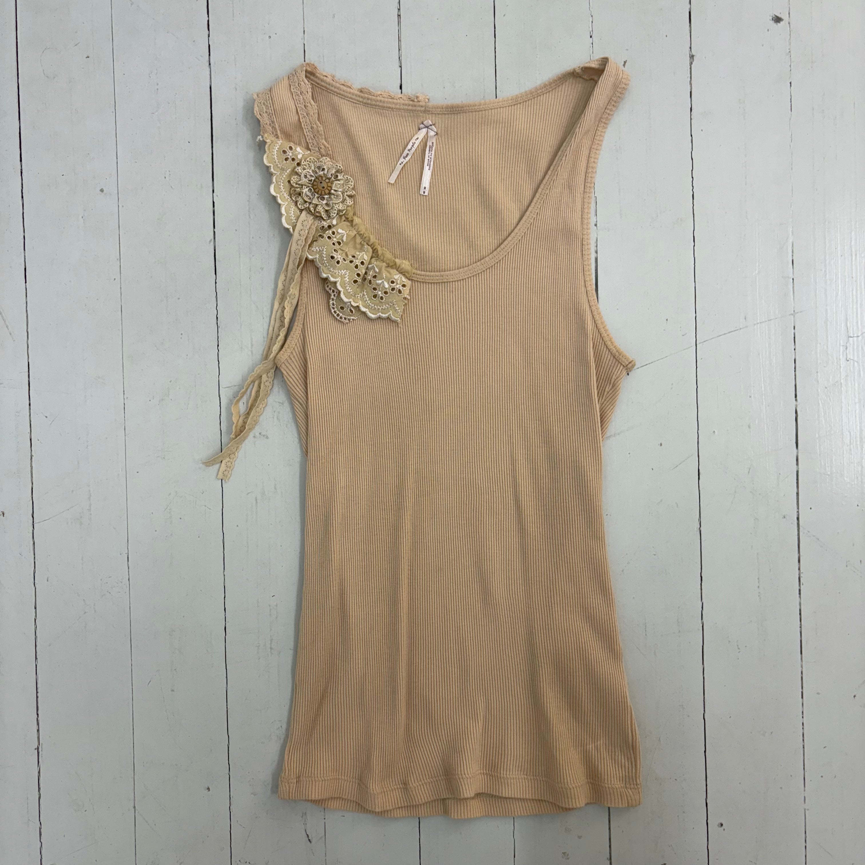 Beige Ribbed Tank Top with Lace Details
