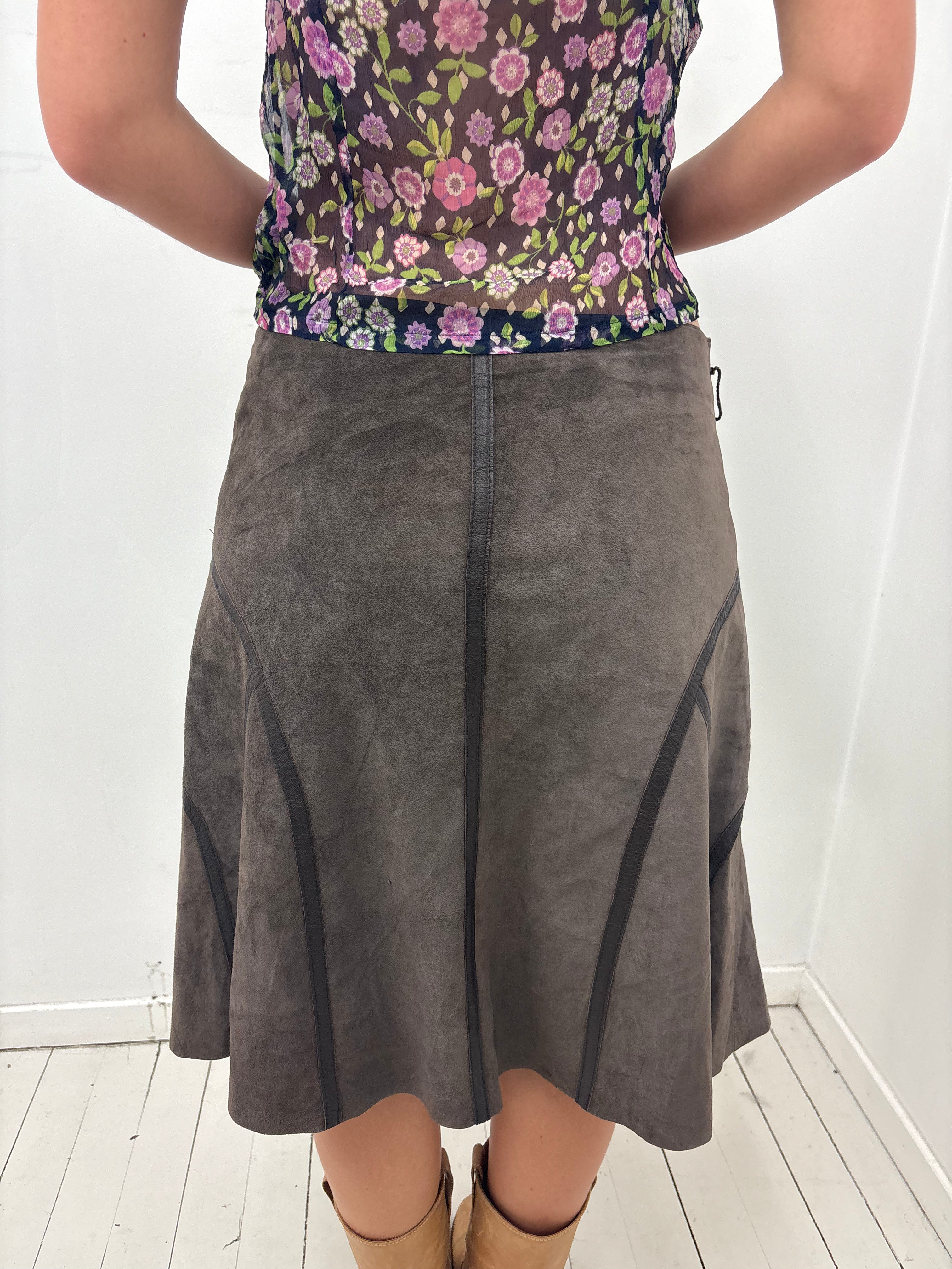 Y2K Brown Faux Suede Panel Midi Skirt
