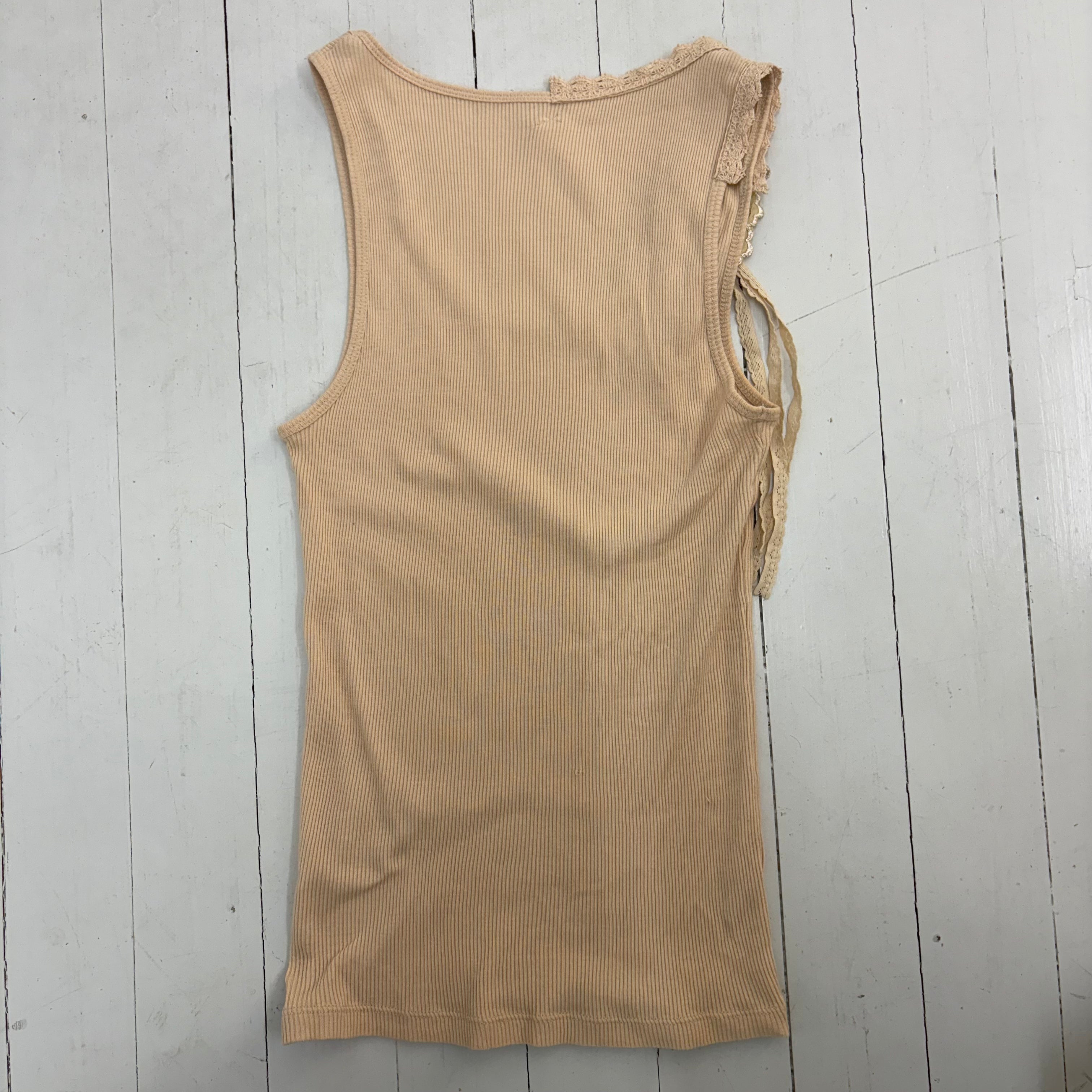 Beige Ribbed Tank Top with Lace Details