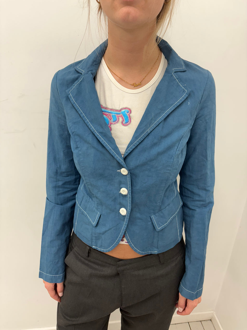 Blue Fitted Blazer with Contrast Stitching