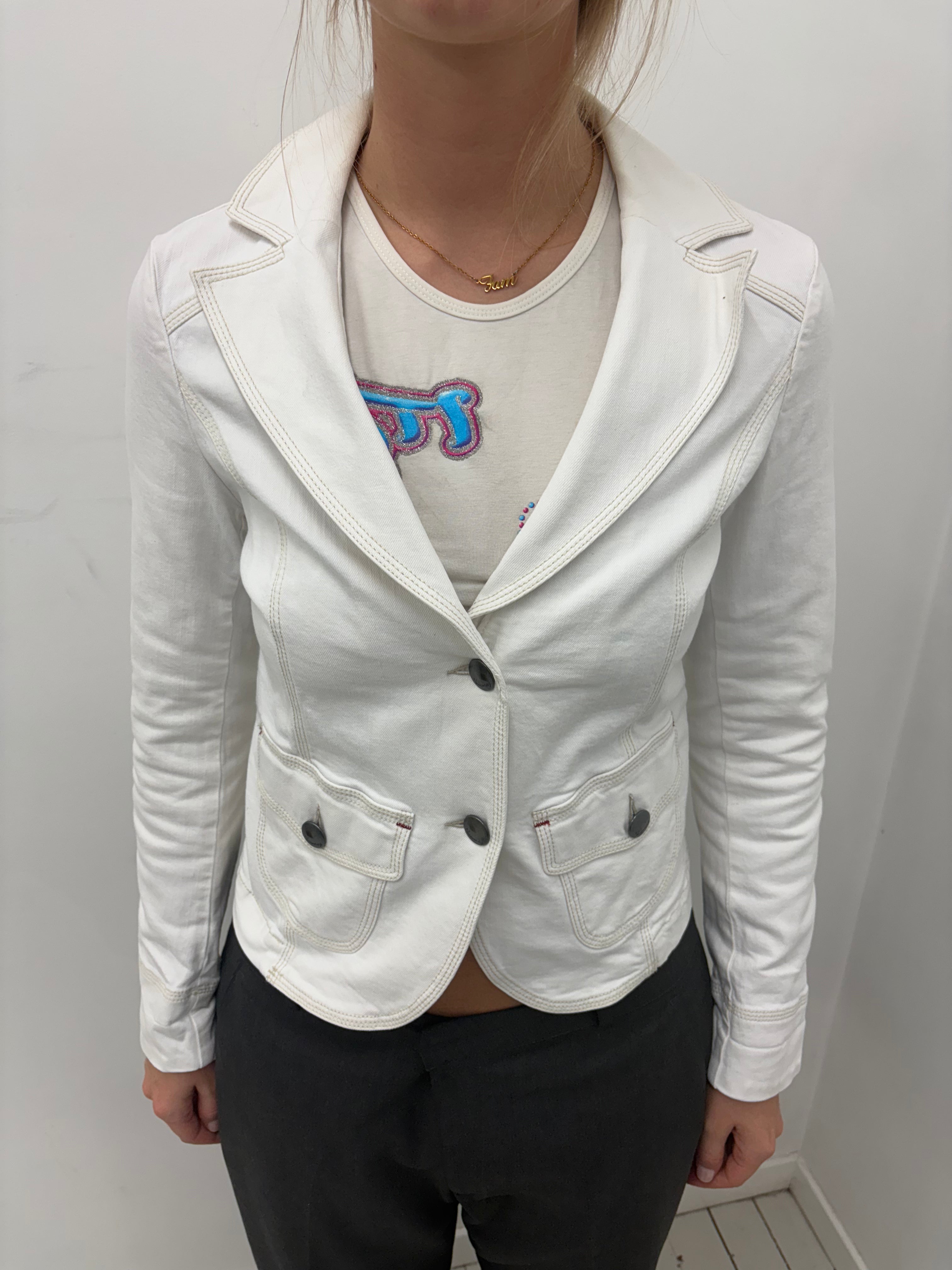 White Fitted Blazer with Contrast Stitching