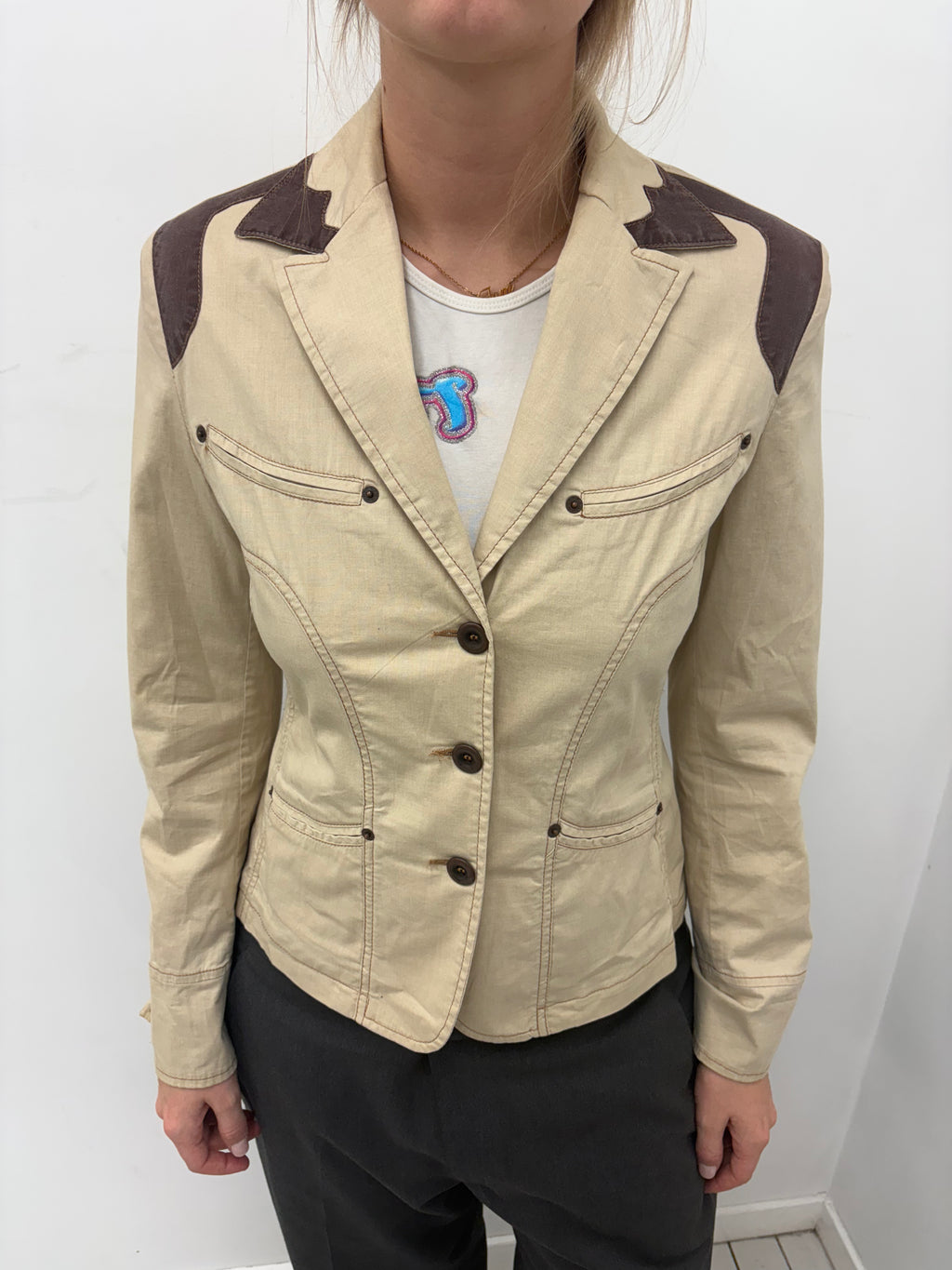 Beige Western Style Blazer with Brown Panels