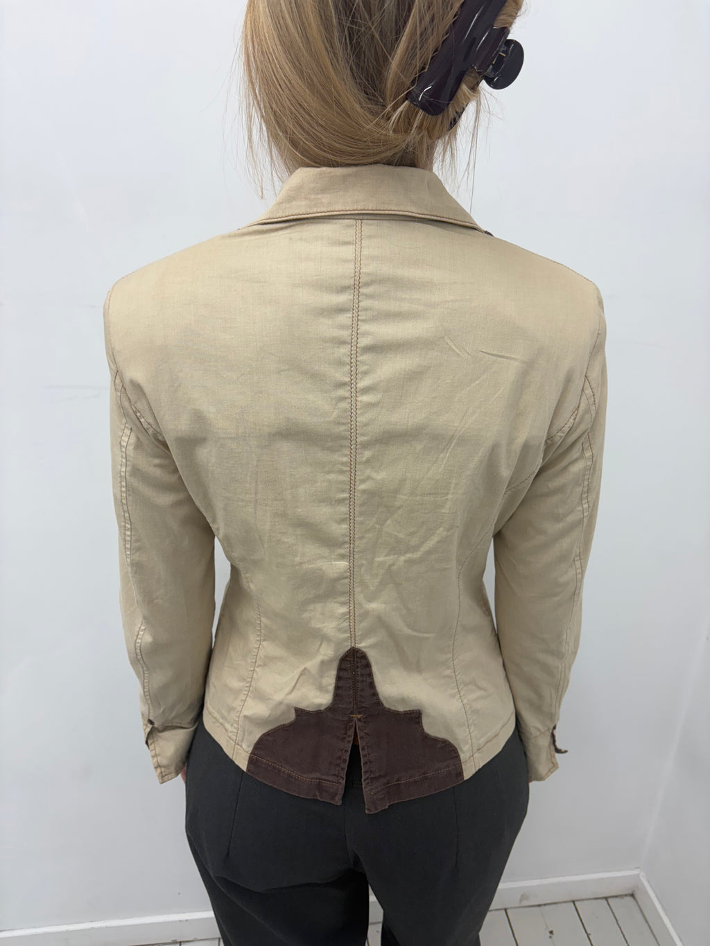 Beige Western Style Blazer with Brown Panels