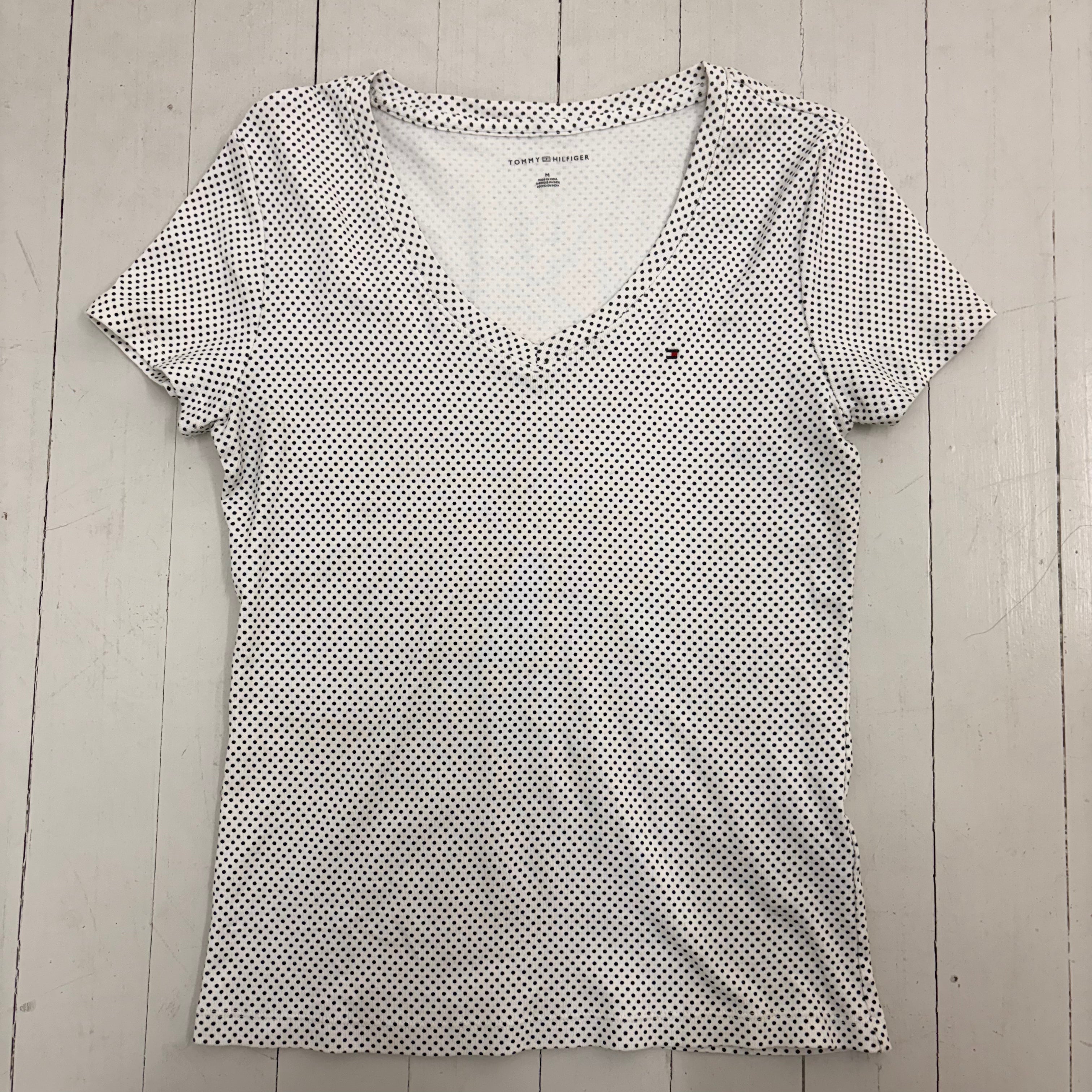 White Polkadot Tee with V-Neckline
