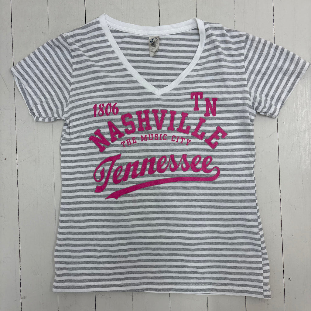 Grey & White Striped  V-Neck Tee