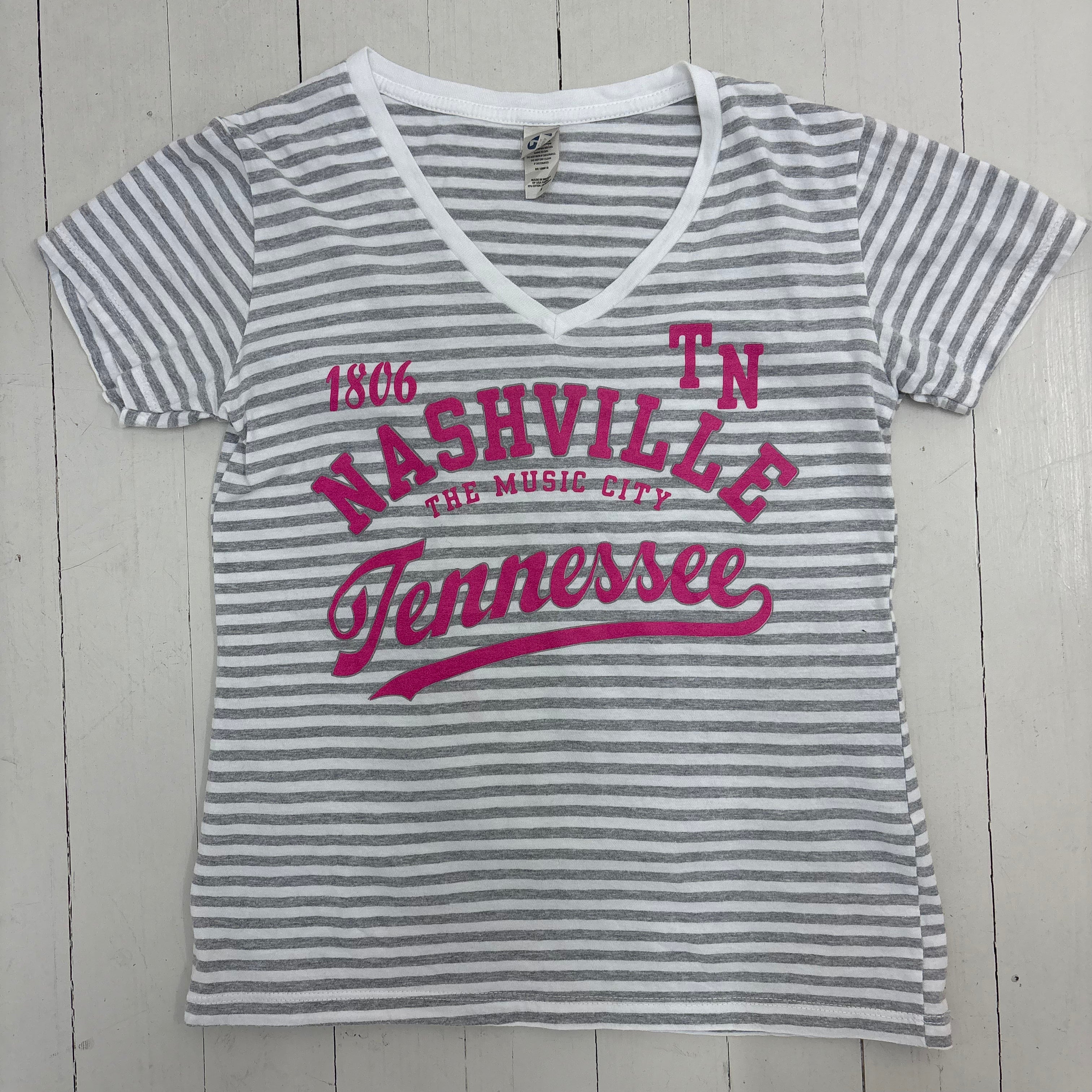 Grey & White Striped  V-Neck Tee