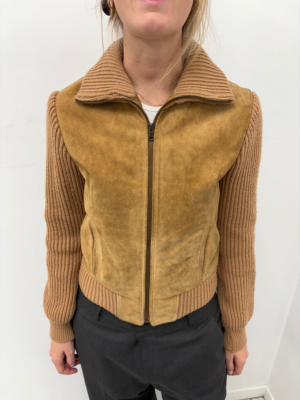 Brown Suede Panel Zip-Up Knit Jacket