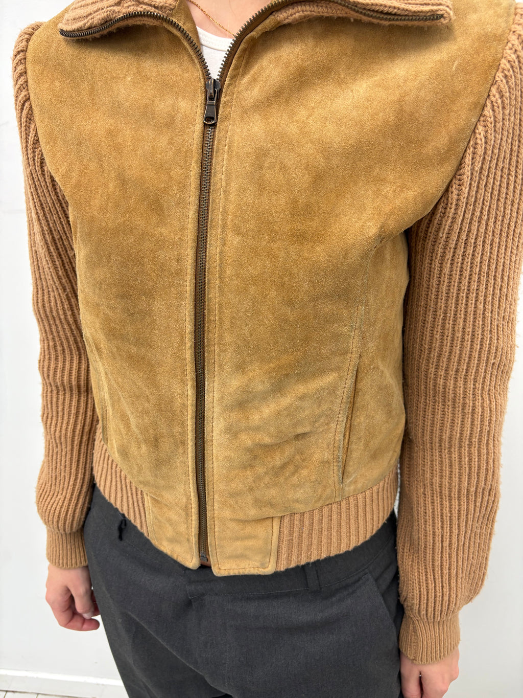 Brown Suede Panel Zip-Up Knit Jacket
