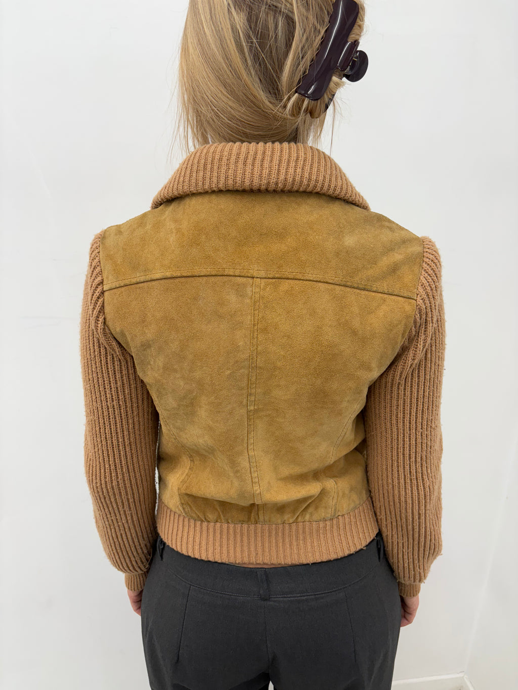 Brown Suede Panel Zip-Up Knit Jacket