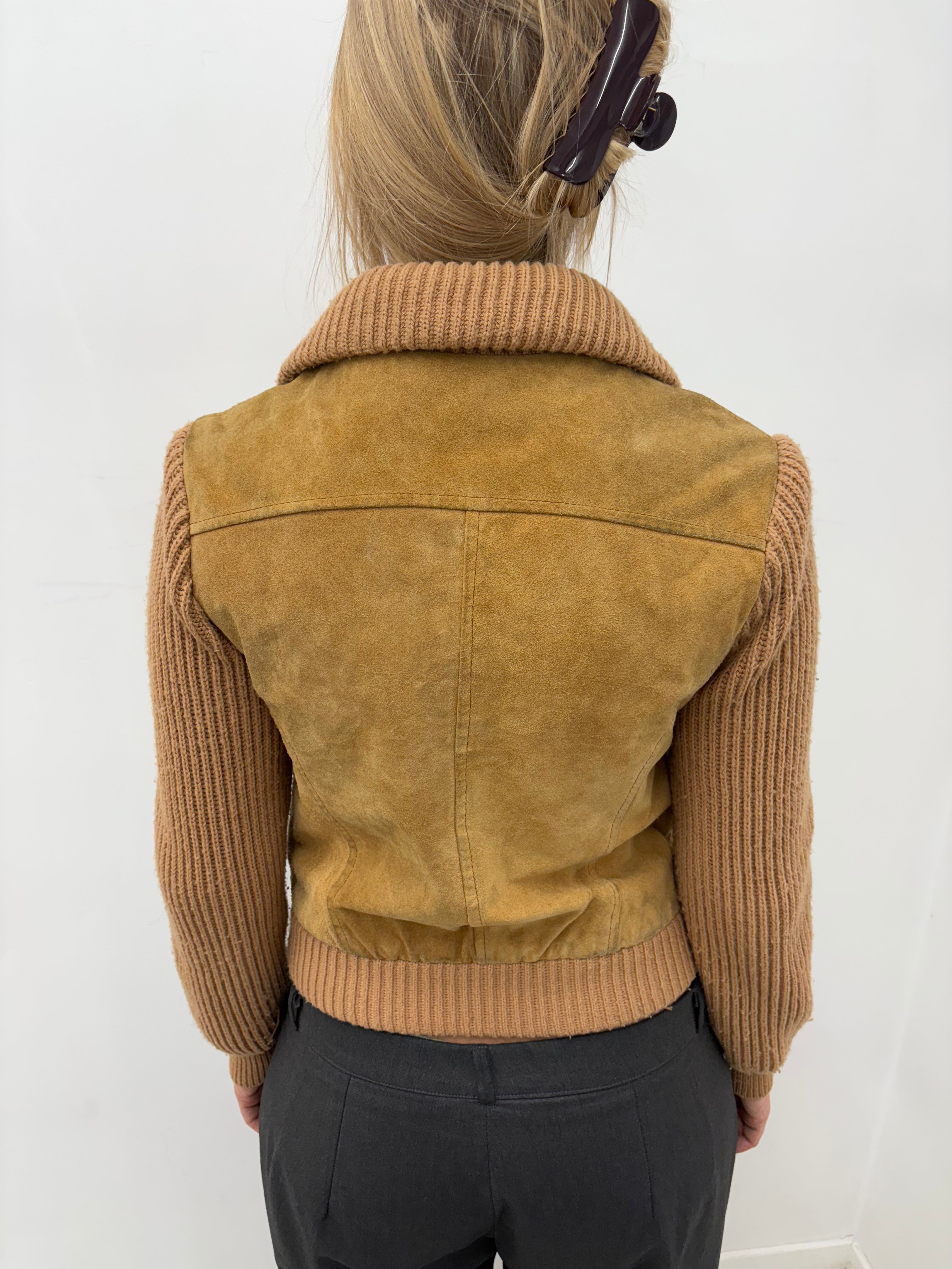Brown Suede Panel Zip-Up Knit Jacket