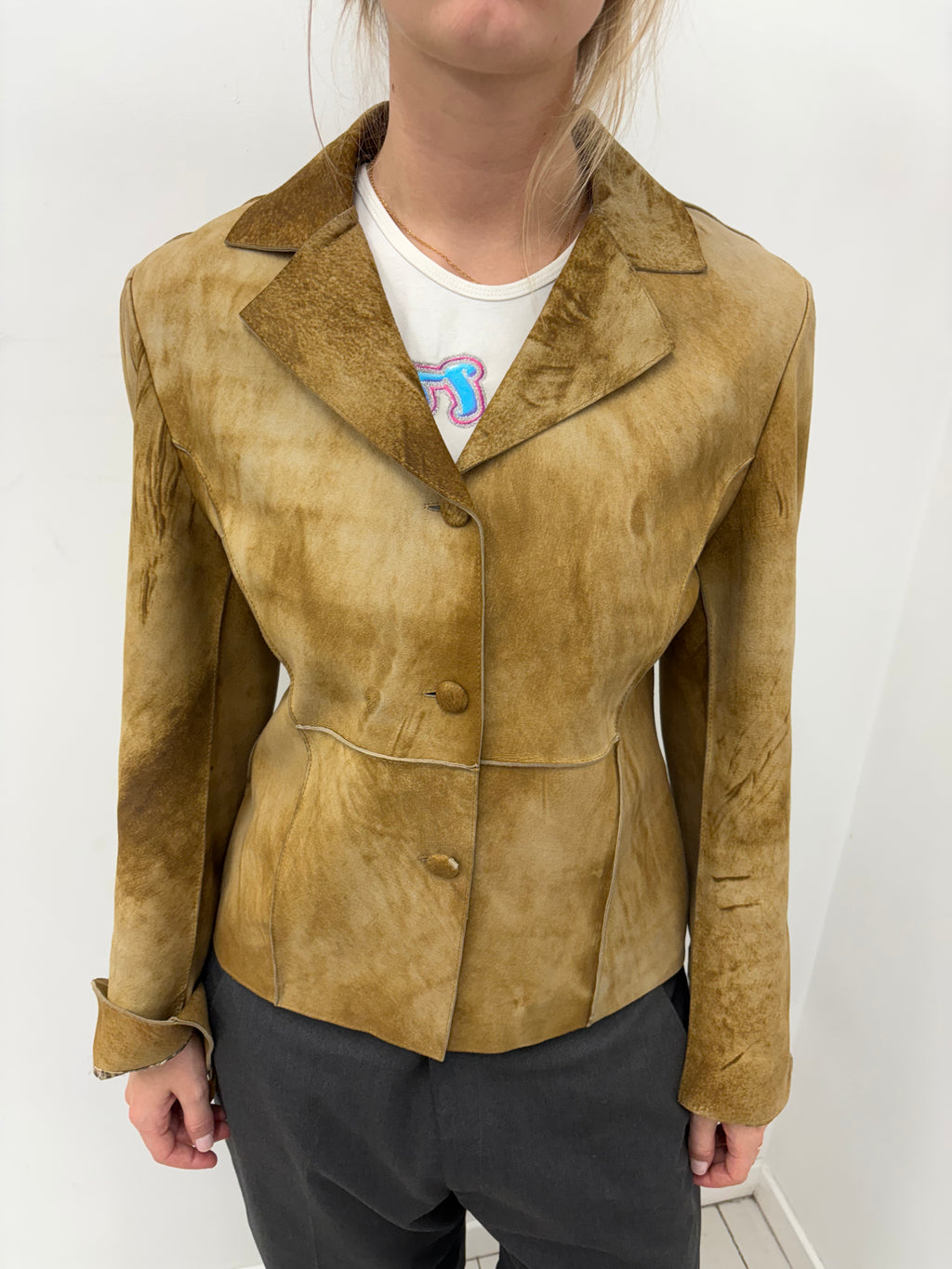 Tan Fitted Blazer with Velour Texture